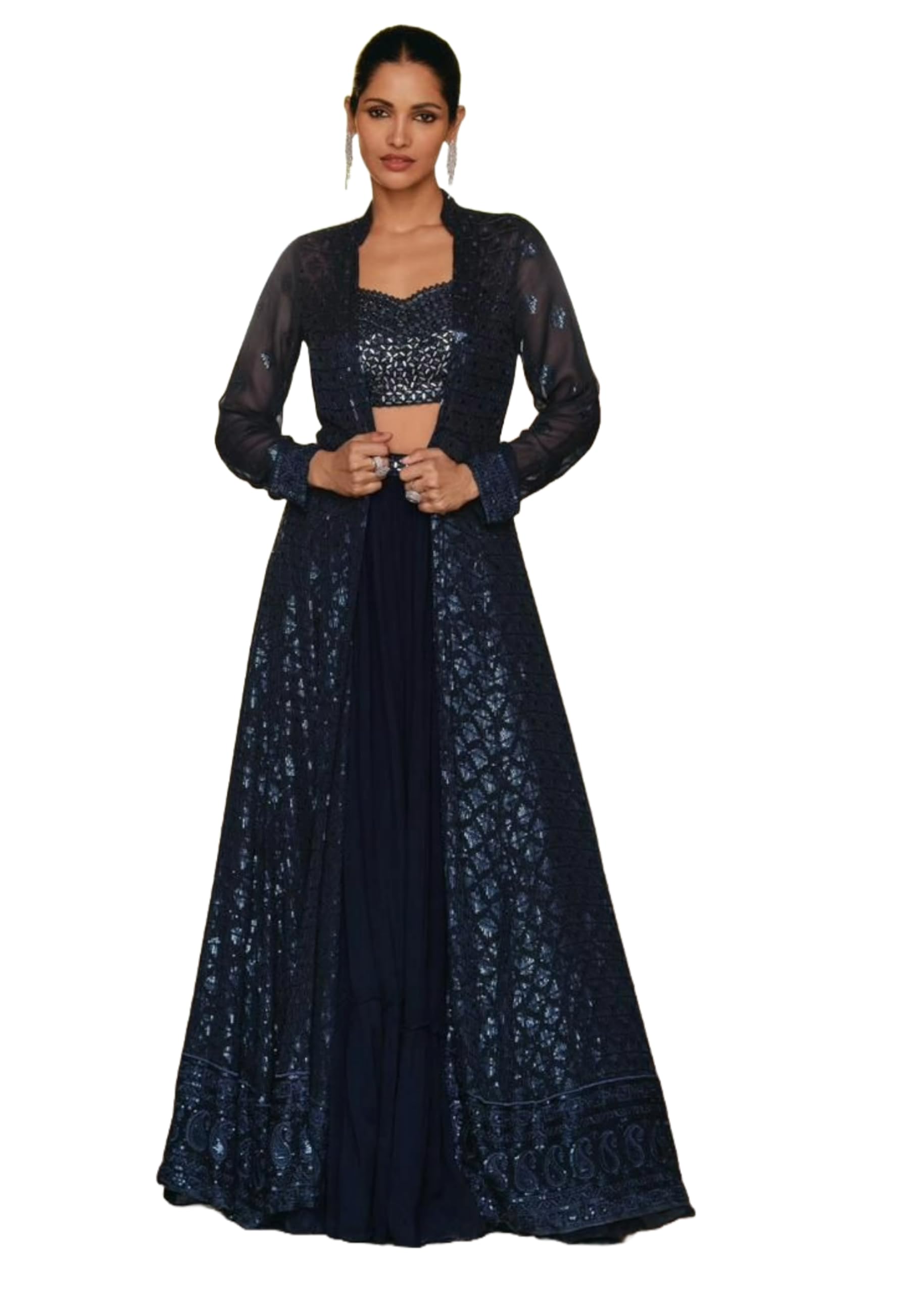 Indo-Western Festival Party Muslin Long Jacket Croptop & Flared Skirt 4000-Sk