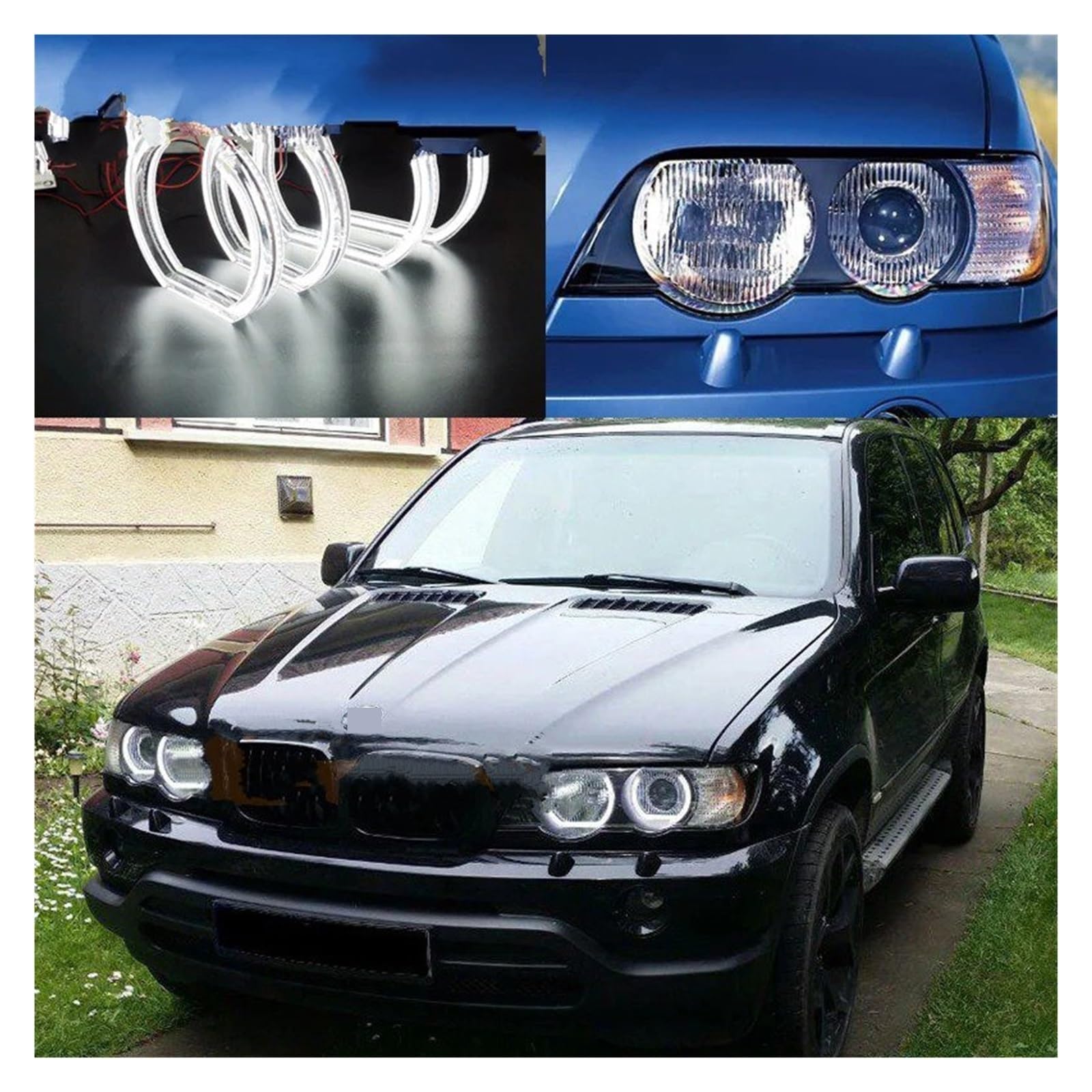 Conjunto Faros Celanteros Coche Para BMW Para X5 E53 E70 2000-2005 2006 2007 2008 2009 2010 2011 2012 2013 Para Kit De Ojos De Ángel LED Ultra Brillantes Anillos De Halo Luz De Día Faros Delanteros(2)