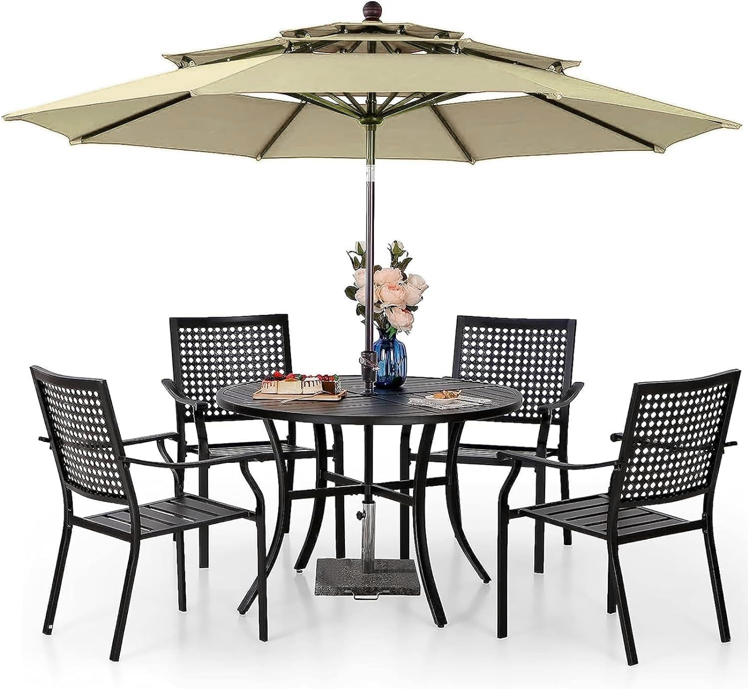 PHI VILLA 5 Pieces Patio Dining Set for 4 with 10ft Patio Umbrella, Metal Patio Circle Table Outdoor Stackable Wrought Iron Chair Set of 4 & 42