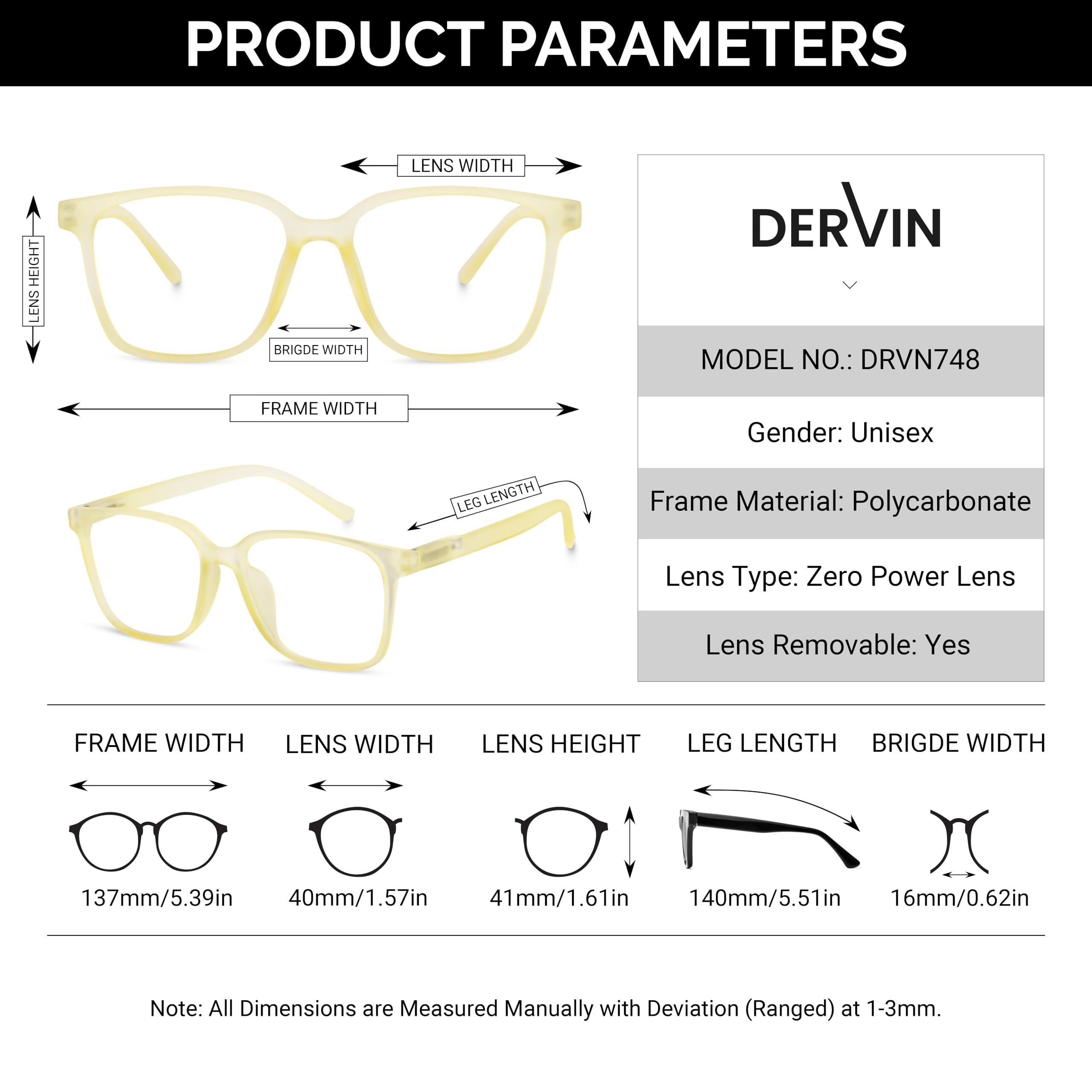 Dervin Clear Lens Square Sunglasses Spectacle Frames for Men and Women (Yellow) - Image 5 thumbnail