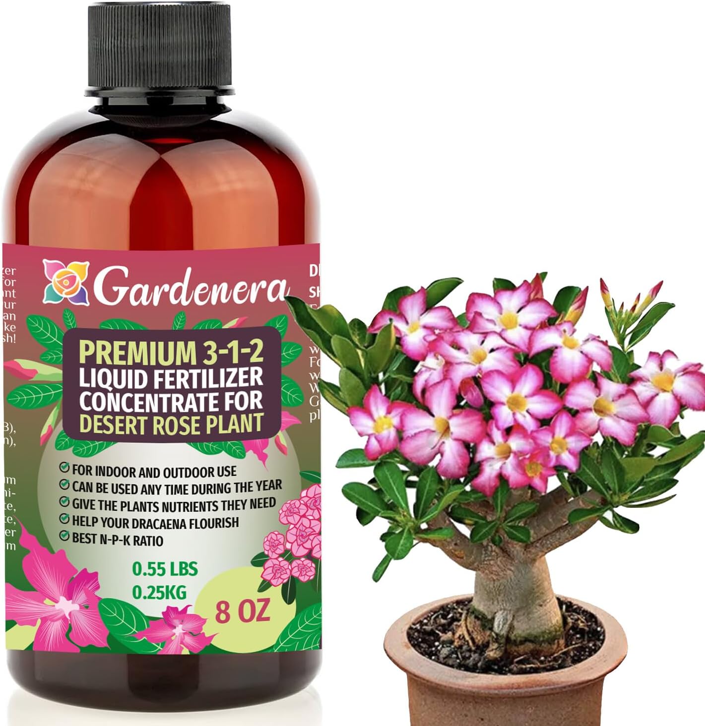 Premium Liquid Desert Rose Plant Fertilizer - 3-1-2 Concentrate for Indoor Plants and Flowers by Gardenera | Organic Plant Food for Desert Roses - 8oz