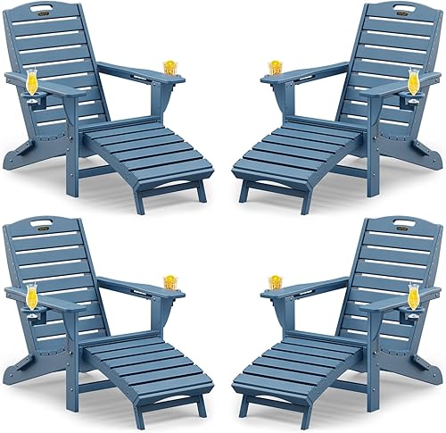 Vista 31 de Silla plegable Adirondack con otomana retráctil, resistente a la intemperie, silla de patio con 2 portavasos, silla de jardín al aire libre (negro)