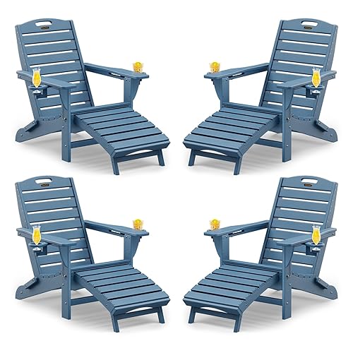 SUUNYN Folding Adirondack Chairs Set of 4,Adirondack Chair with Retractable Ottoman,Plastic Adirondack Chairs with 2 Cup Holder,Weather Resistant Patio Chair,Outdoor Chairs Set of 4(Navy Blue) - 4 - Navy Blue