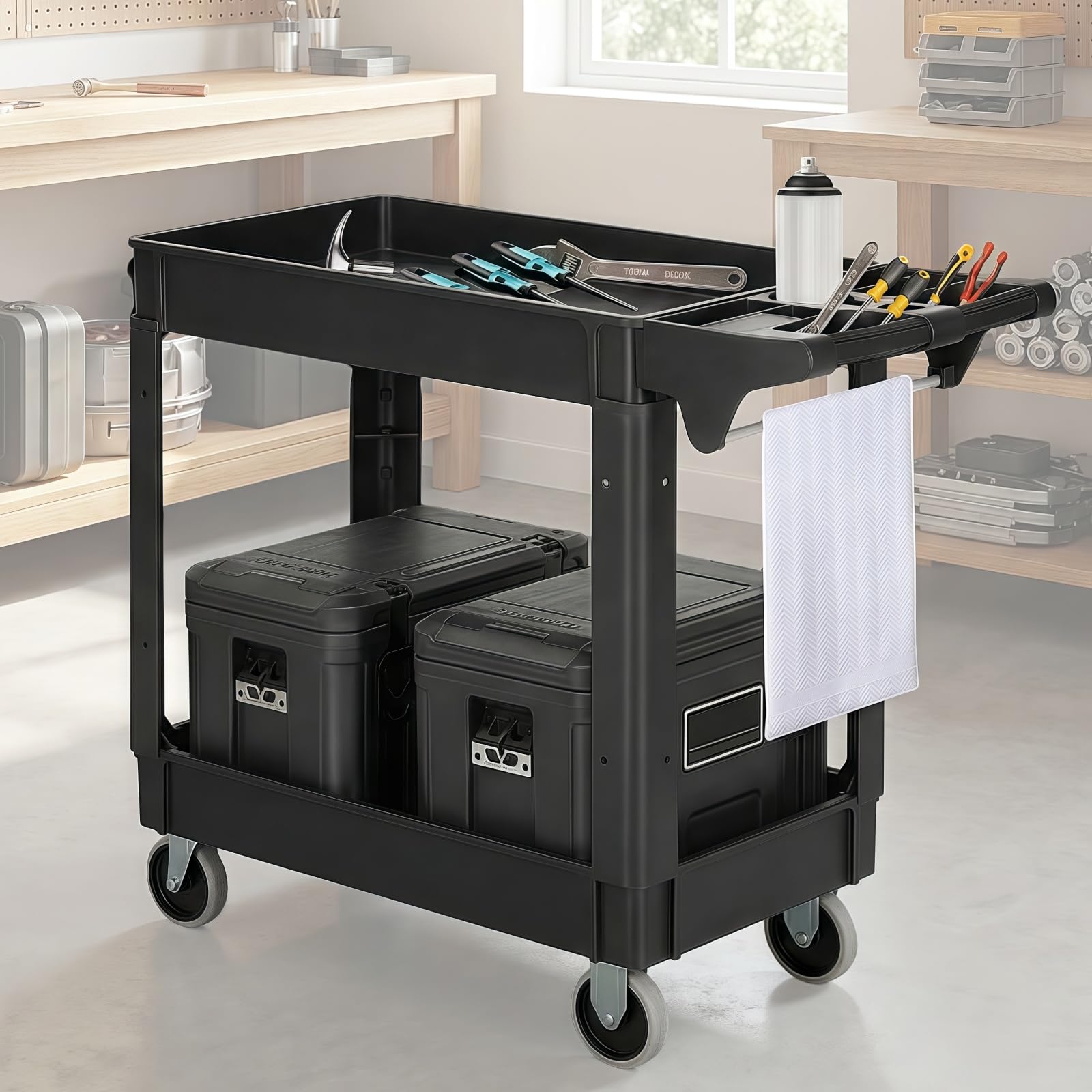 WUDLEP Heavy Duty Plastic Utility Cart, 40 x 17 x 34 Inch, 2-Tier Service Cart with Deep Shelves, Full Swivel Wheels, 550 lbs Capacity, Transport Cart for Warehouse