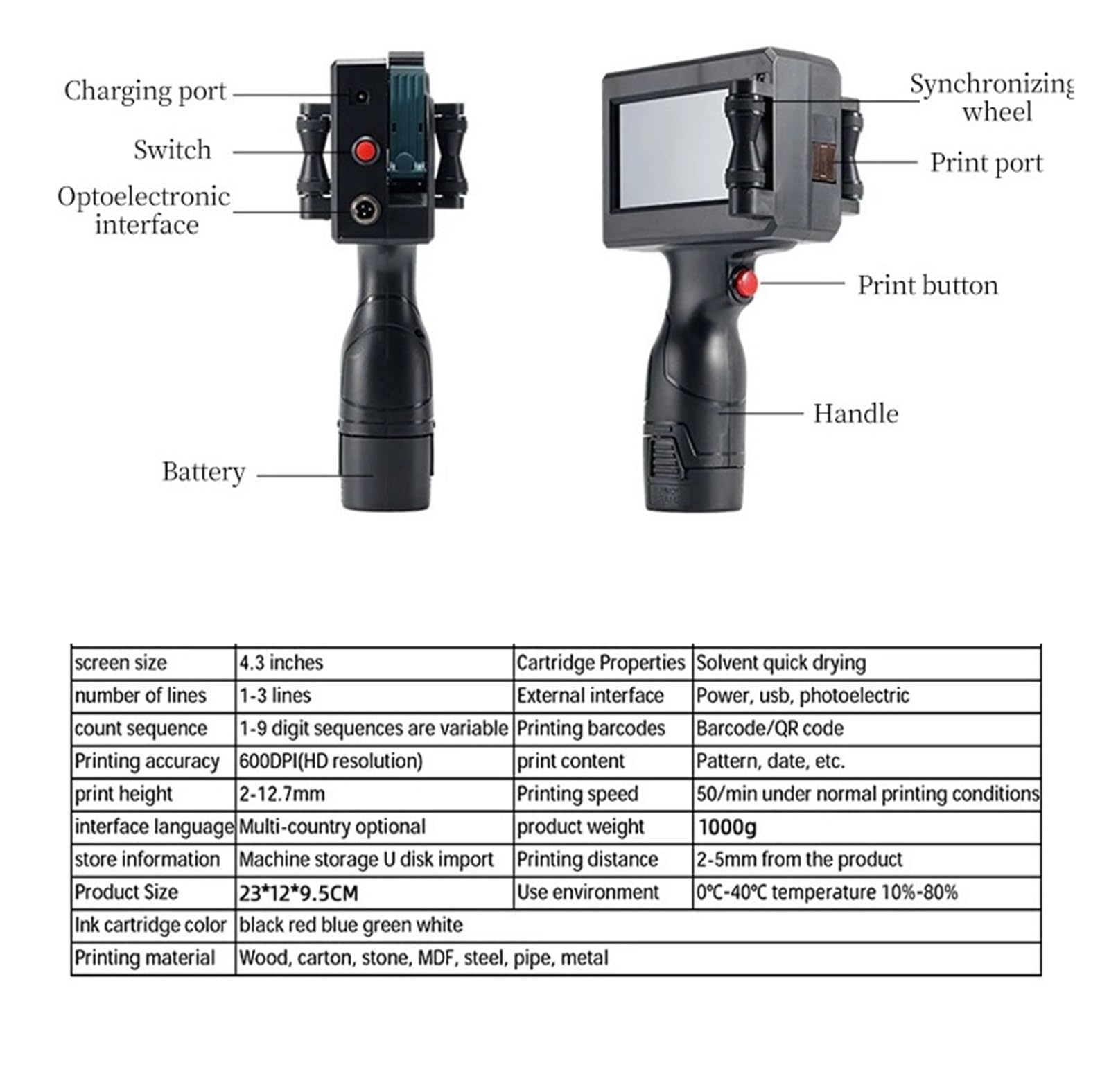 Przenośna drukarka atramentowa do etykiet, kodowanie wzorów tekstu daty, inteligentny, nieblaknący, trwały tusz 12,7 mm w wielu językach Szeroki materiał do druku(Printer and 1 ink)