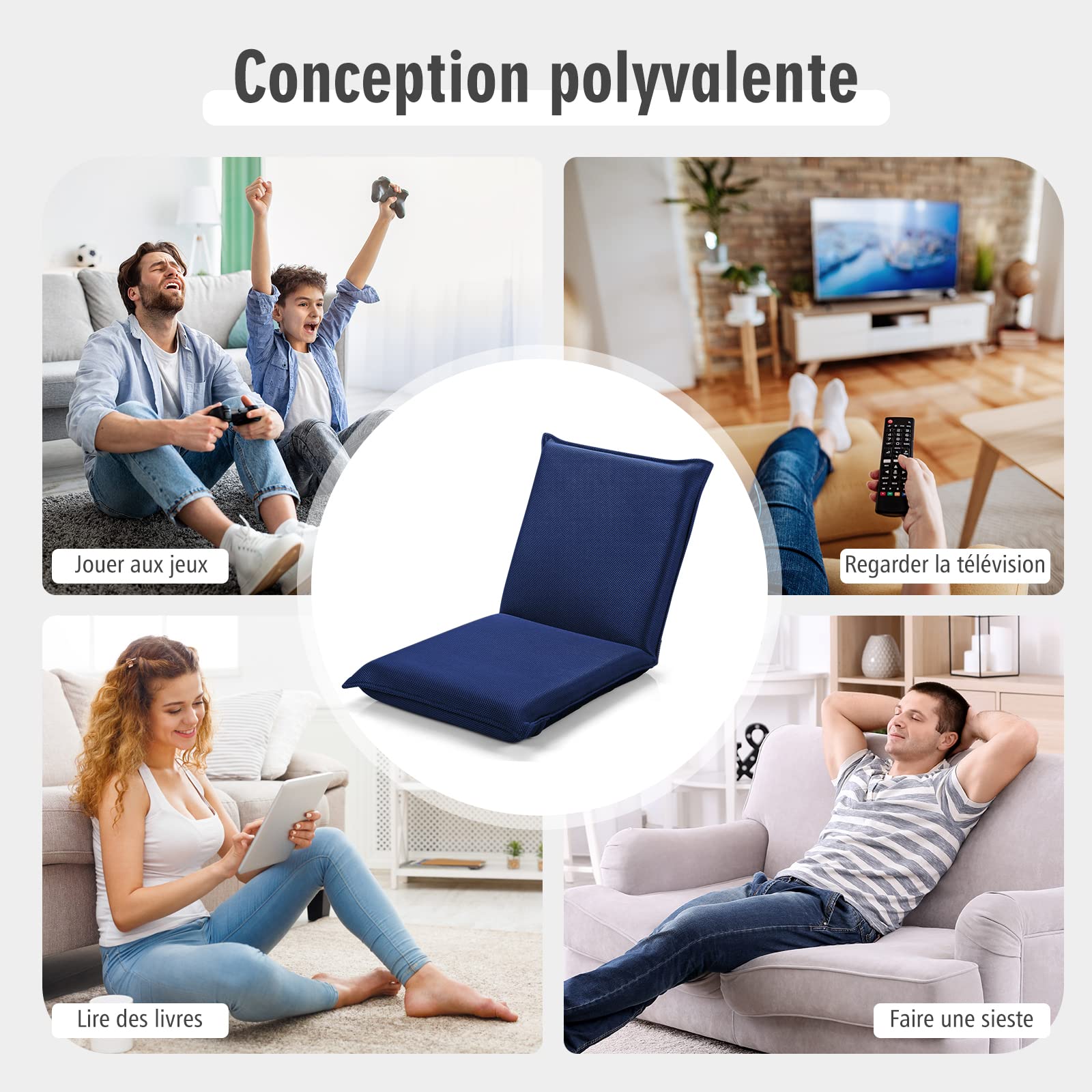 RELAX4LIFE Chaise de Sol Pliante avec Dossier Réglable en 6 Position, Tatami pour Lire & Jouer & Méditer dans Salon, Chambre, Bureau, (52-98) x44x(47-7) cm (Bleu foncé)