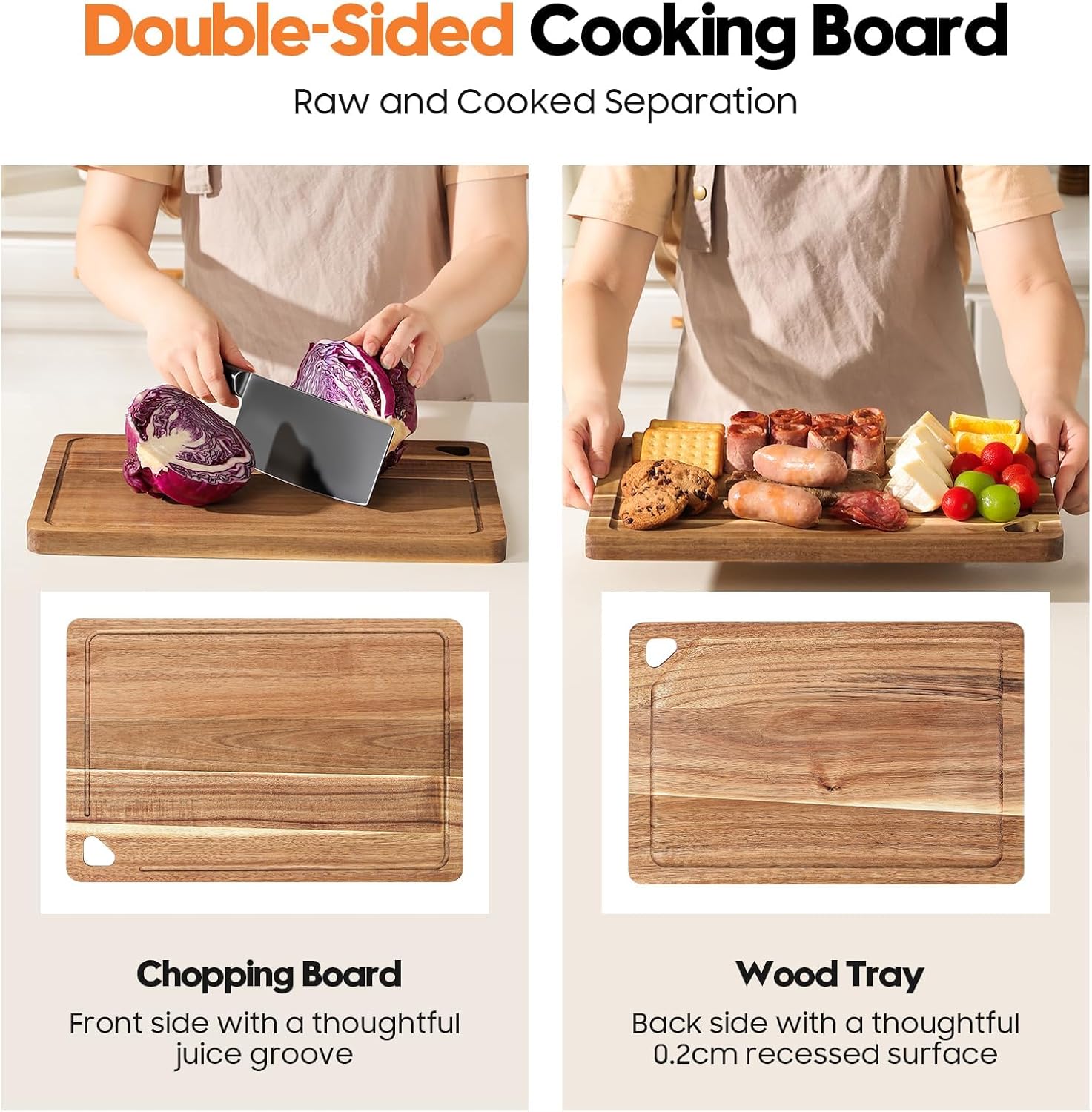 Acacia Wood Cutting Boards for Kitchen Non Toxic, Reversible Wooden Cutting Board with Juice Groove, Wood Chopping Board for Meat, Vegetables and Fruits, Set of 3 (S+M+L)