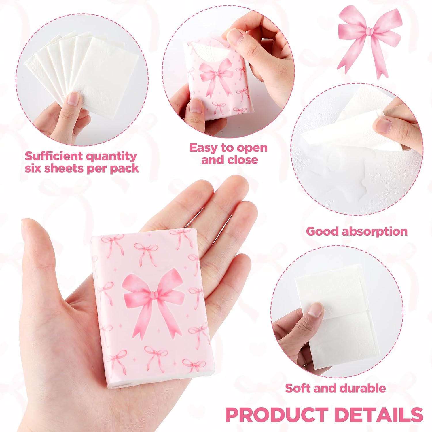 60 Pack Pink Bow Travel Tissue Bulk Mini Pocket Tissues Travel Size Facial Tissues for Wedding Bridal Engagement Pink Individually Wrapped Tissue for Baby Shower Coquette Party Supplies