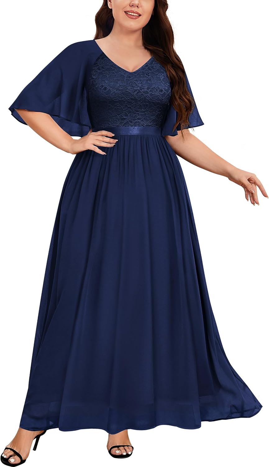 Knitee Women's Plus Size Half Sleeves Cape Dress Lace Chiffon V Neck Evening Party Maxi Dress