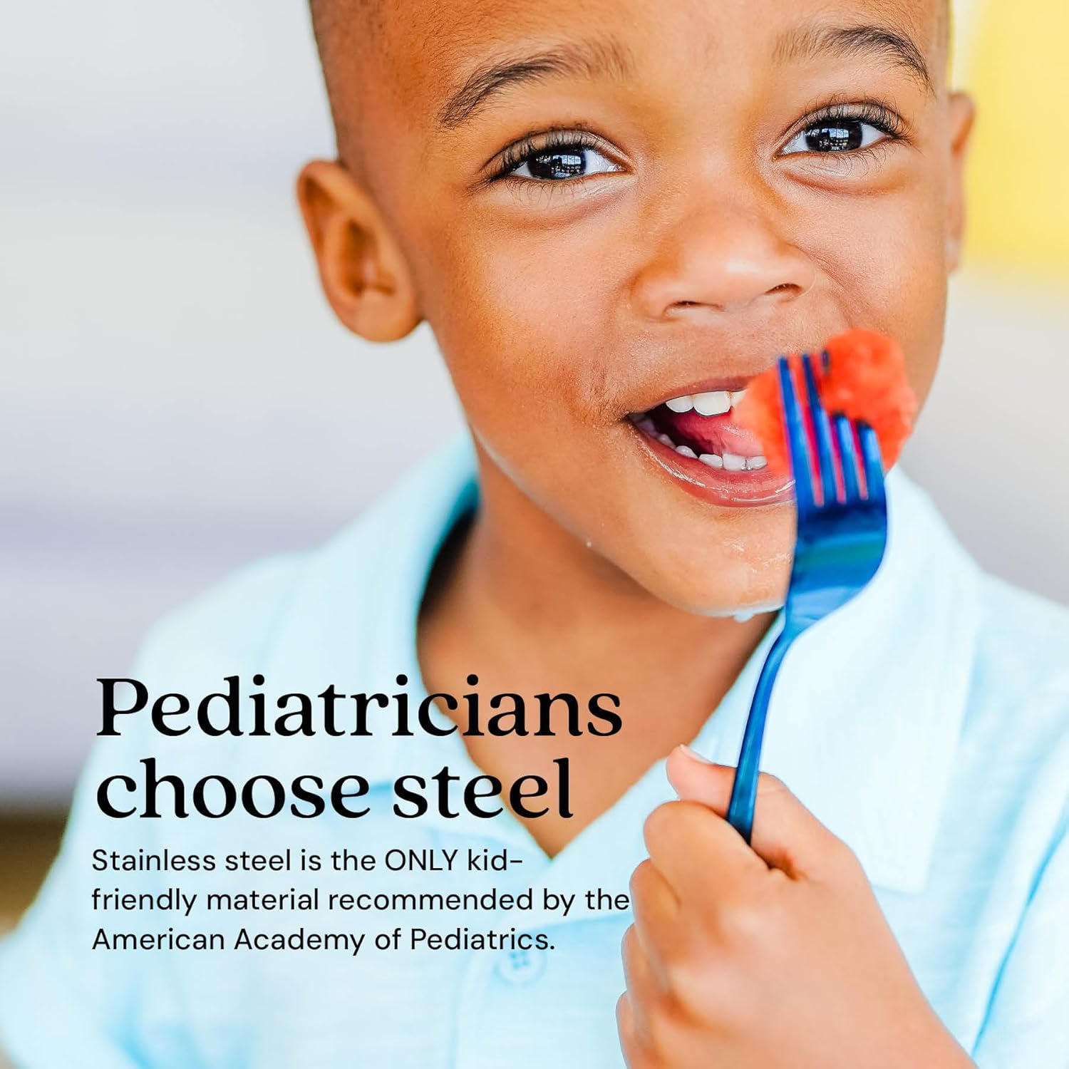 Ahimsa Kids Stainless Steel Utensils, 8 Piece Kid Forks and Spoons Set, Pediatrician Designed Kids Silverware, 100% BPA Free & Dishwasher Safe (Iridescent Blue)