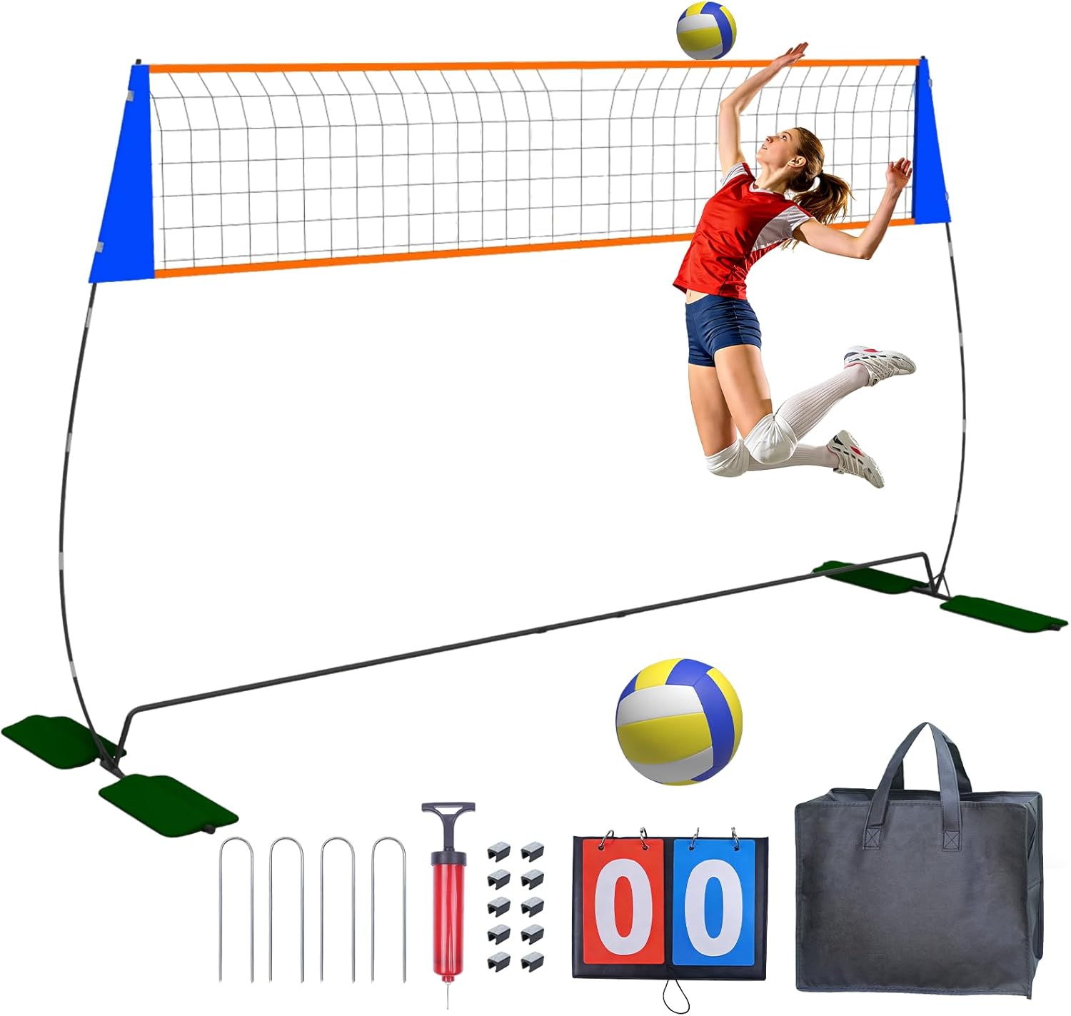 12FT Volleyball Net for Backyard, Portable Volleyball Net with Widest 3.6ft Base & 4 Sandbags, Adjustable Height 6-8FT Indoor & Outdoor Volleyball Practice Net, All-in-One Outdoor Volleyball Net Set