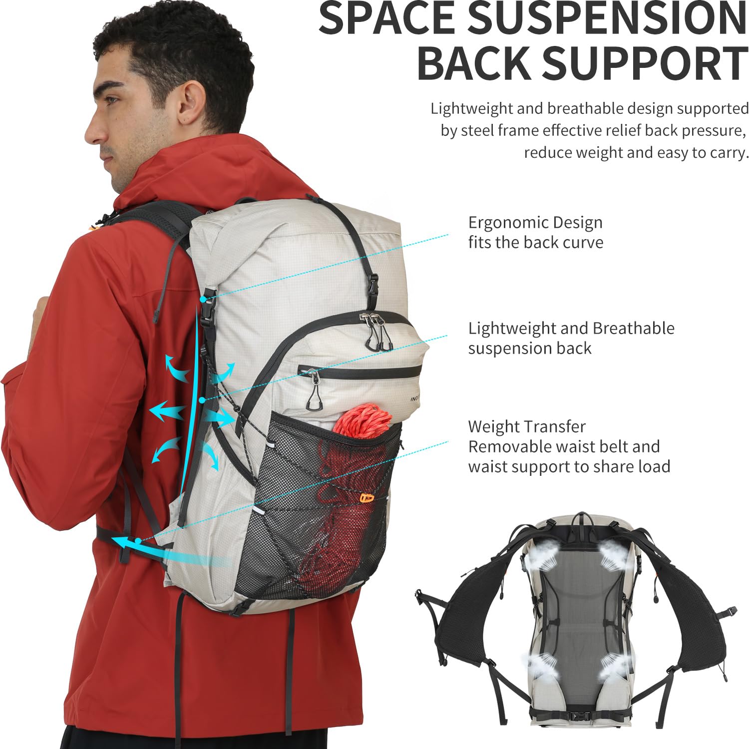 IX INOXTO Wanderrucksack für Damen und Herren, 30 l, wasserdicht, Camping-Rucksack mit 3 l Wasserblase und Regenschutz, leicht