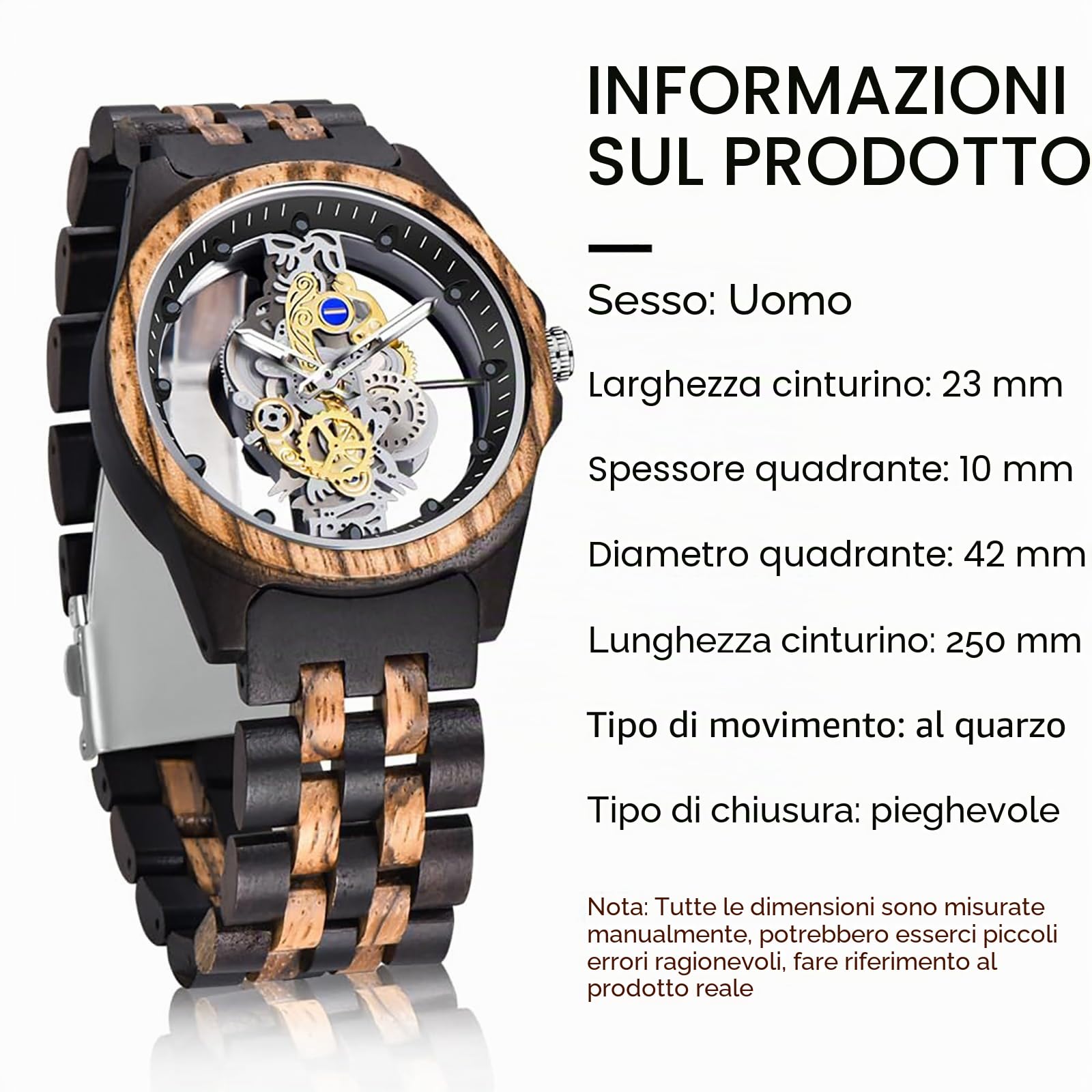 Tiong Orologio da uomo in legno da donna Orologio da polso al quarzo analogico in legno di bambù colorato fatto a mano