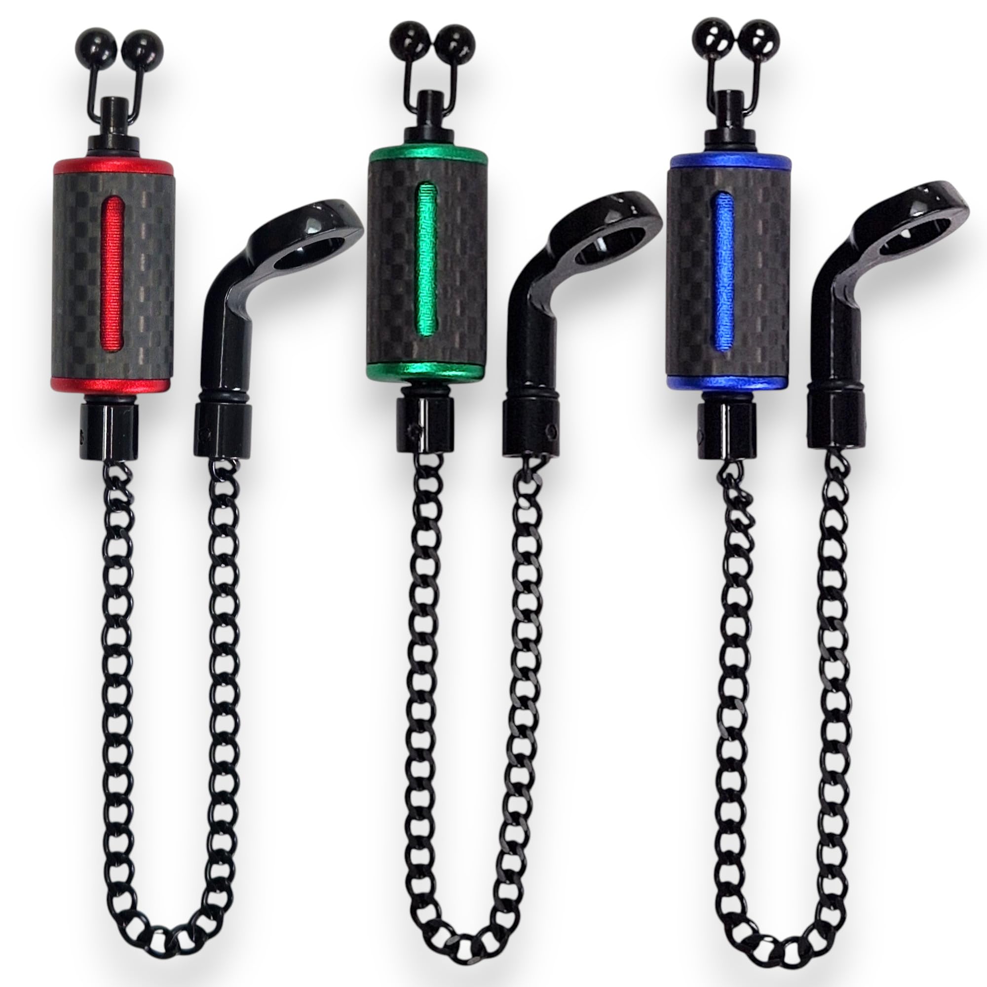 TJR Tackle 3 Ultimate Carbon Fibre Bite Indicators bobbins with 14cm Chain, Black stainless steel ball line clips (Red, Green & Blue)