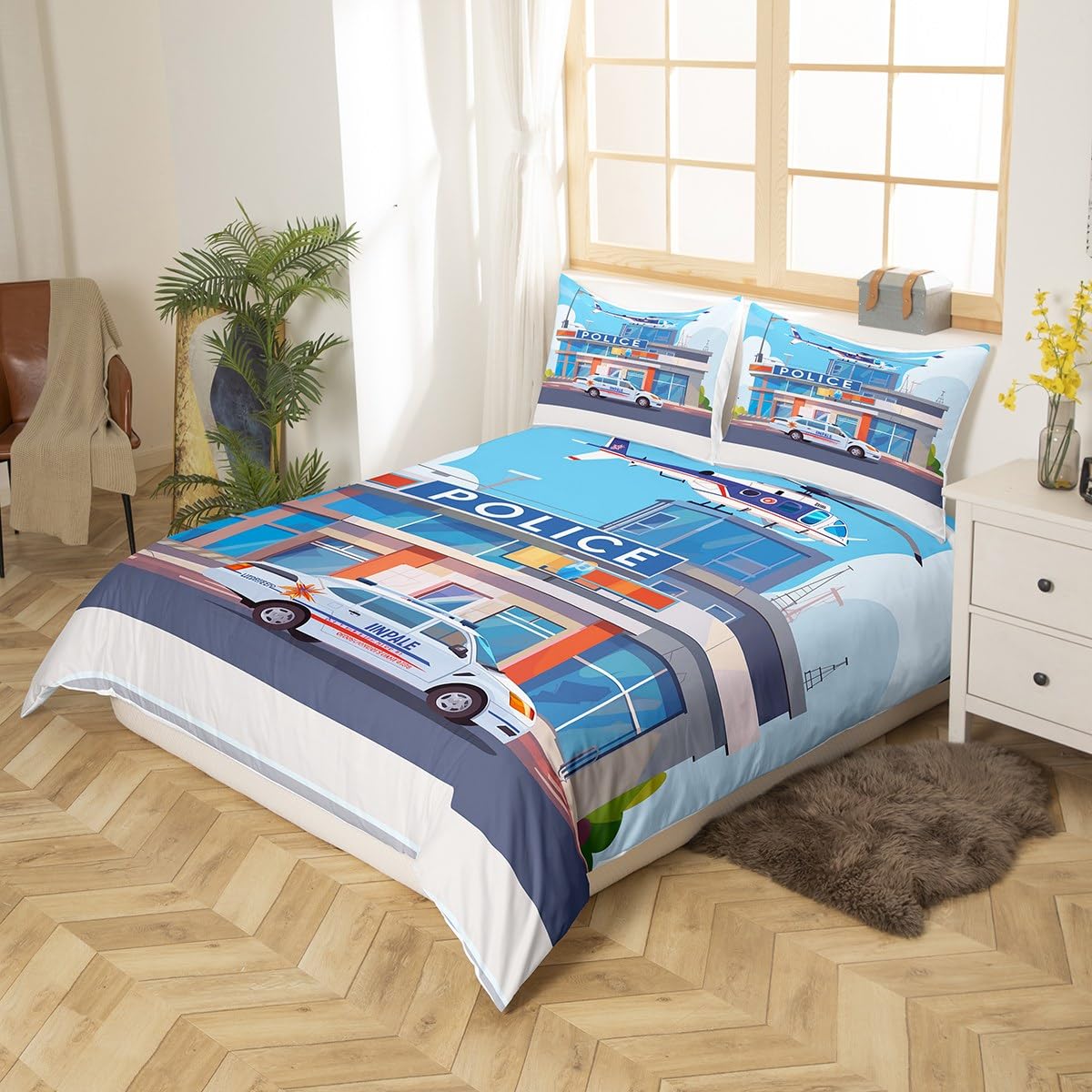 Housse De Couette Coton 135x200 Cm - Motif Voiture De Police Pour Enfant, Garçon/fille - 12