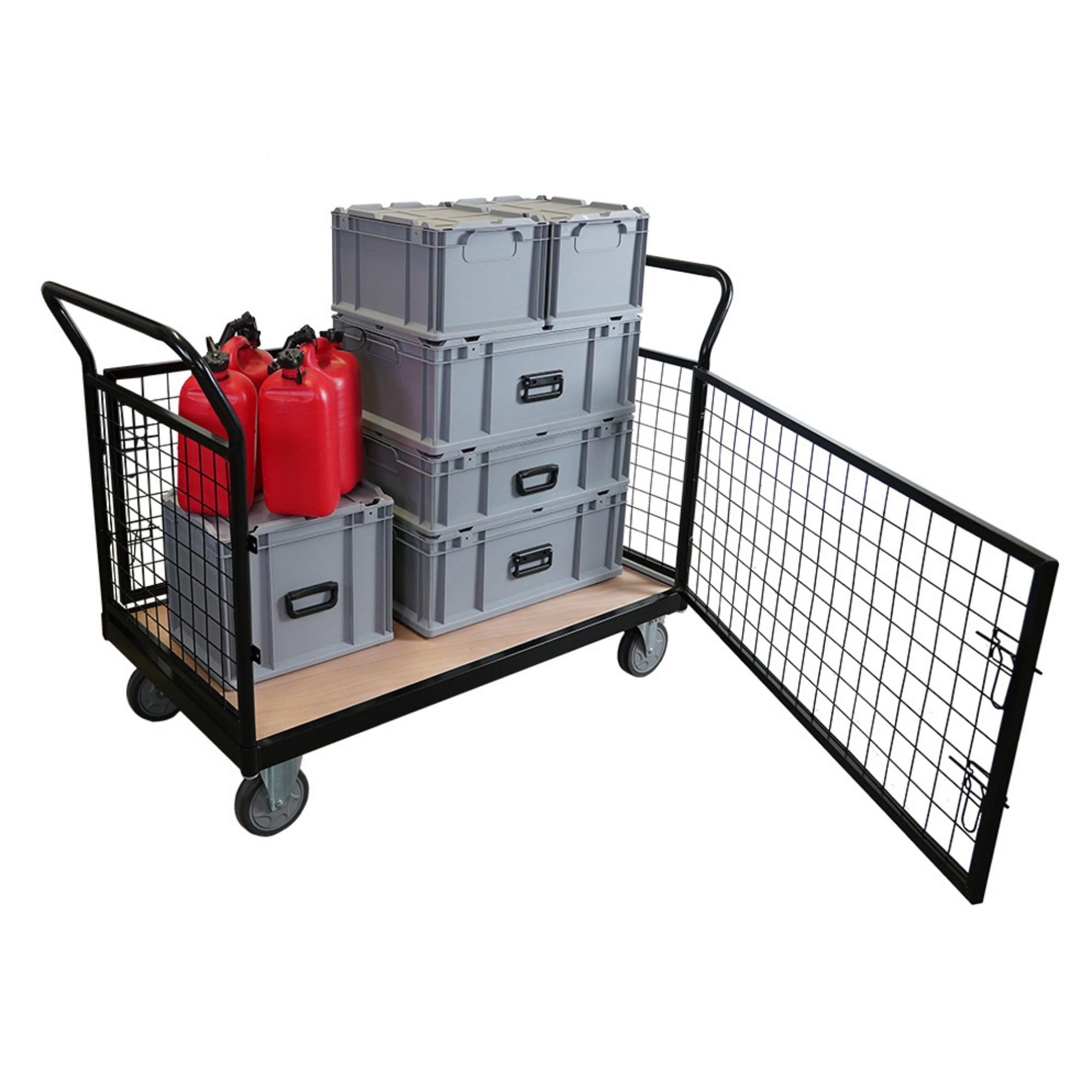 PROREGAL Profi Transportwagen Handwagen Materialwagen Plattformwagen mit abnehmbaren Gitterwänden | HxBxT 104x135x67 | Traglast 400 kg | 2X Lenkrollen mit Feststellbremse & 2X Bockrollen | Schwarz