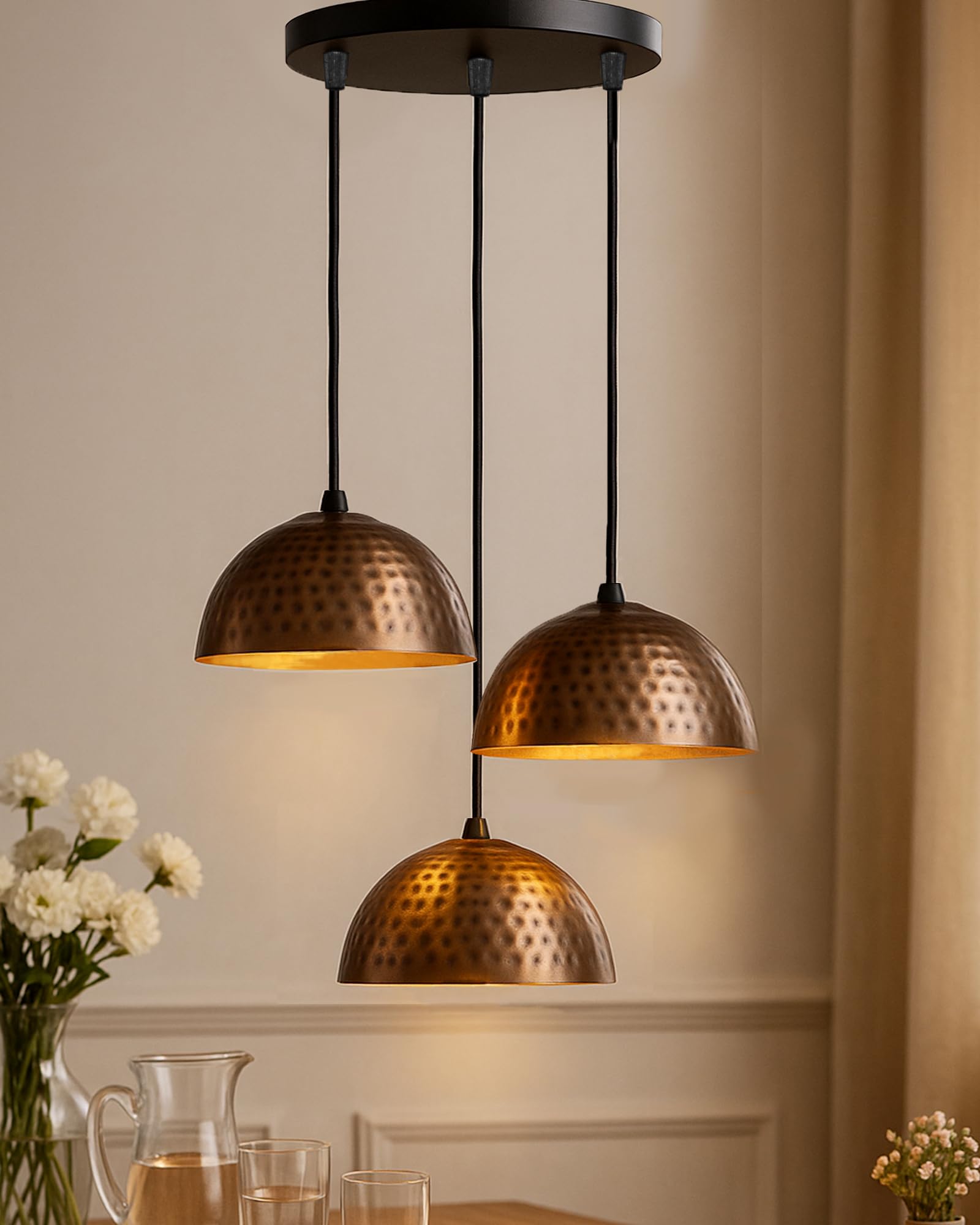 Homesake®3-Lights Round Cluster Chandelier Antique Copper Hammered 8" Pendant Hanging Pendant Light with Braided Cord-image-13