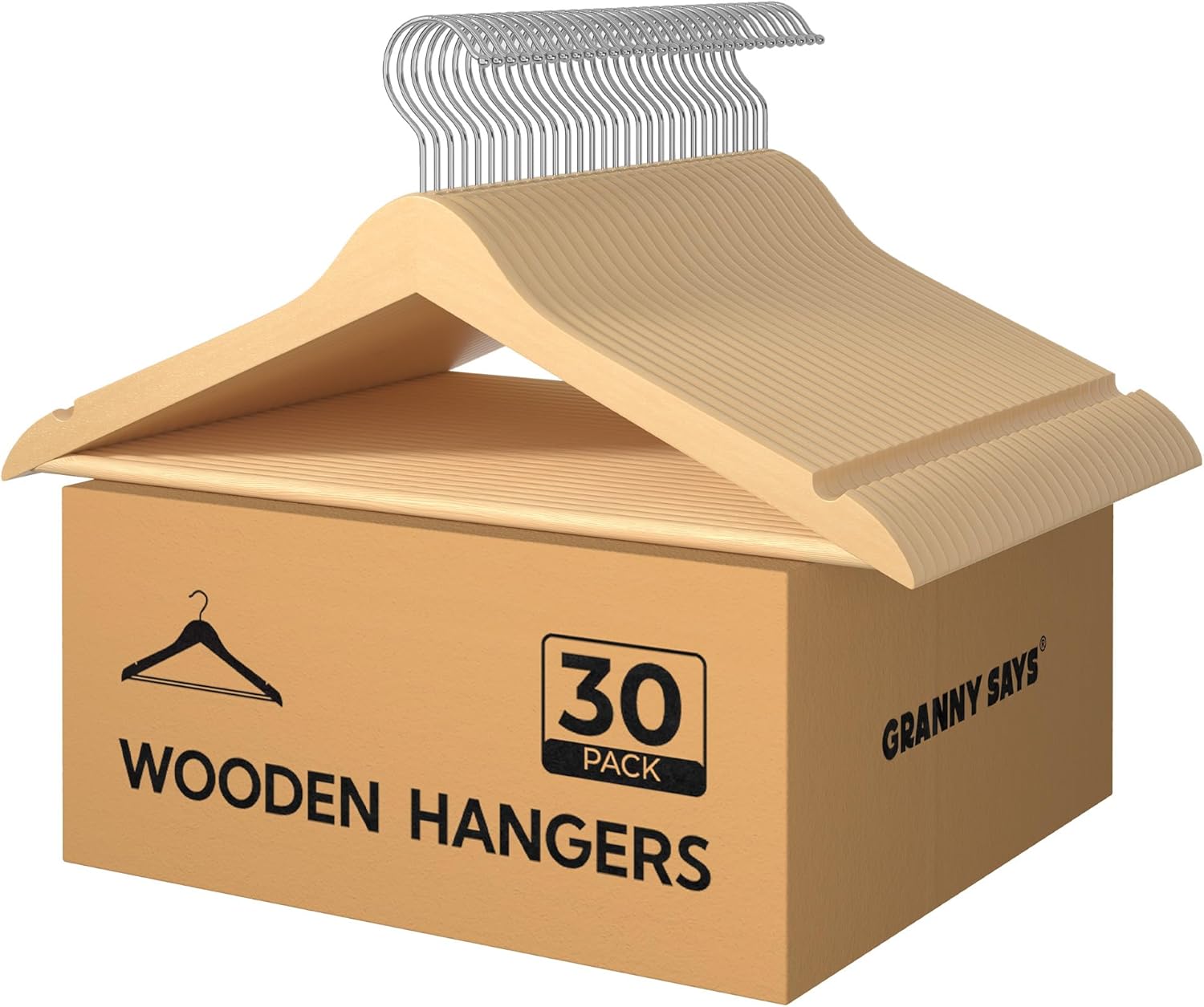 GRANNY SAYS Clothes Hangers for Closet, 30 Pack Wood Hanger, Heavy Duty Wooden Hangers for Coats, Suits, Pants, Natural Wood Color 30 Natural Wood Color