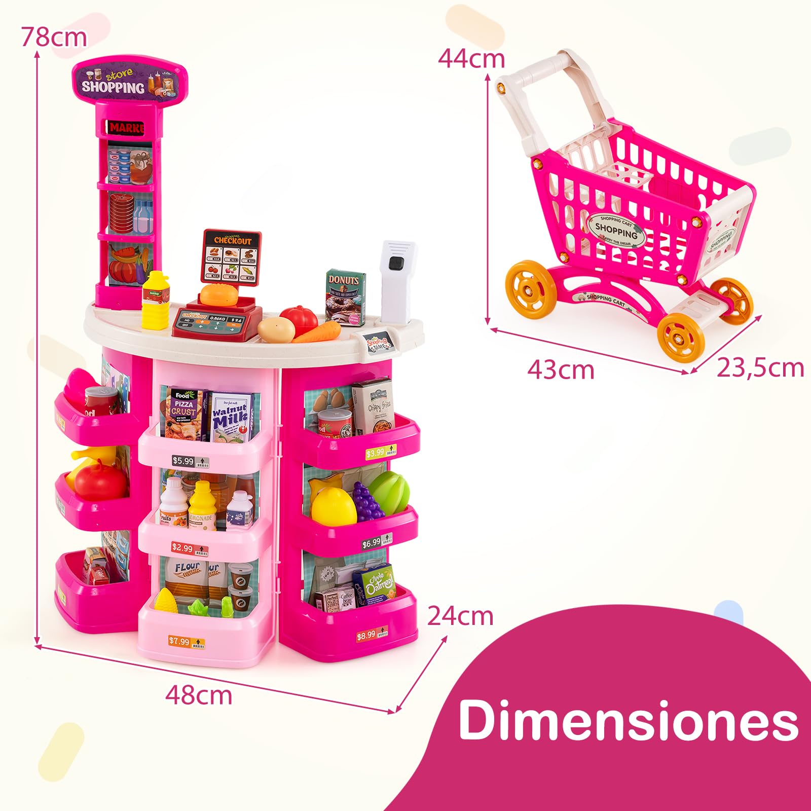 GOPLUS Supermercado para Niños con Mostrador, Carrito de Compras y Cesta, Balanza Simulada, Caja Registradora con Luz y Sonido, Supermercado de Juguete con 76 Accesorios para 3+ Años (Rosa)