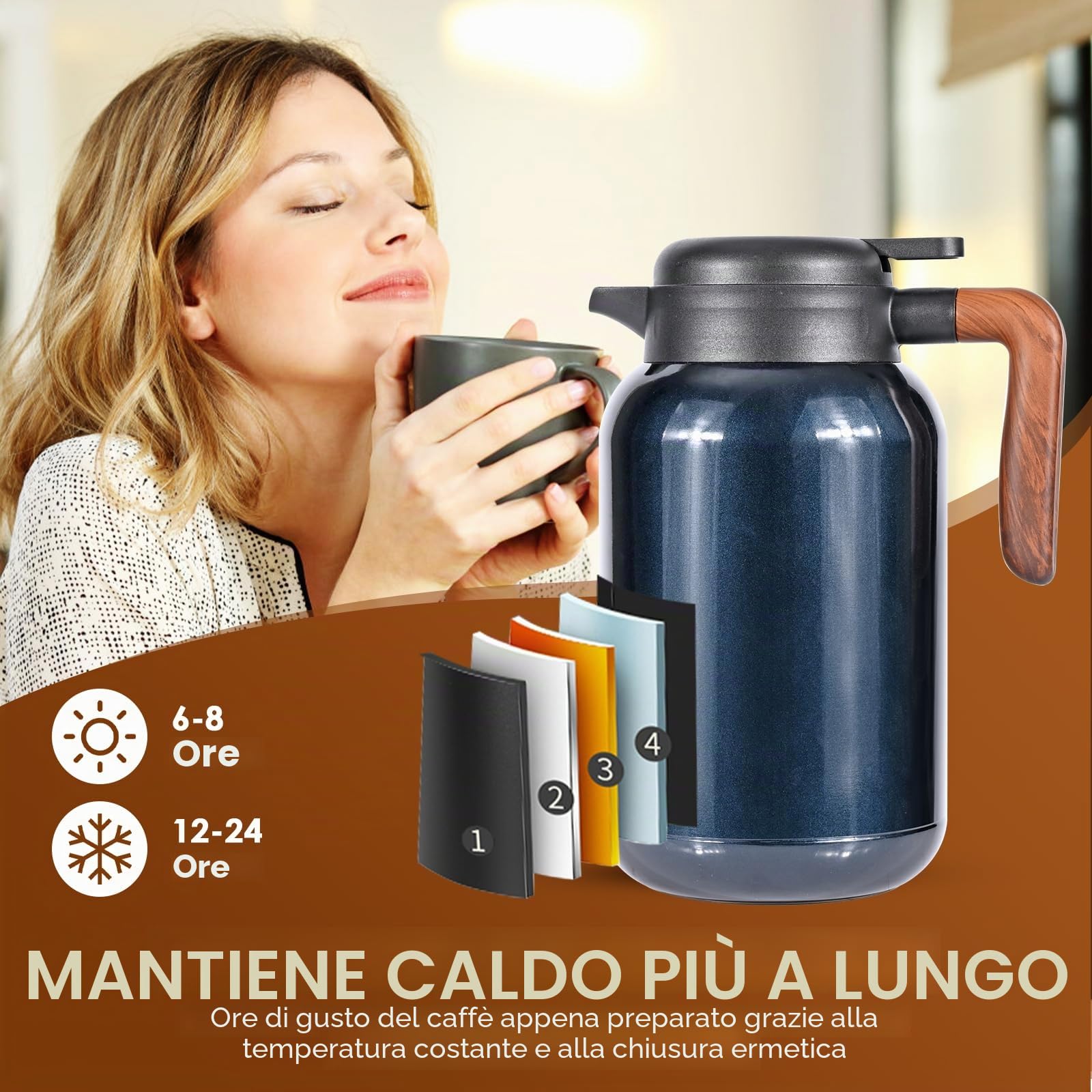 Dreamhigh® Thermos 2 l con colino da tè, thermos con indicatore di temperatura, caffettiera ben sigillata (senza perdite, nessuna goccia), per caffè, tè e latte