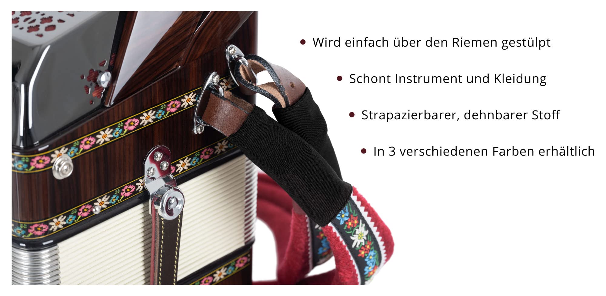 Alpenklang Protection de Sangle Noire, Housse Élastique, Longueur: 7 cm | Protège la Laque et les Vêtements des Dommages, Pour Accordéon et Harmonika Styrique, Couleur: Noir