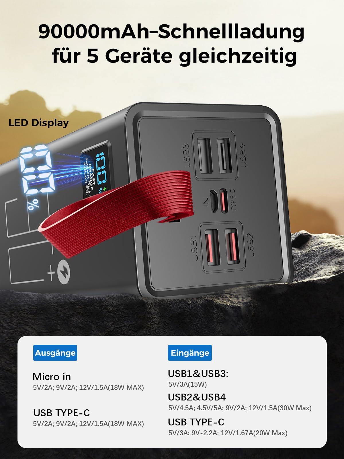Batterie Externe 90000mAh, Power Bank PD 30W & QC 3.0 Charge Rapide avec écran numérique, Chargeur Portable Grande capacité 5 Sorties et 2 entrées, Batterie Externe iphone pour iPhone Samsung