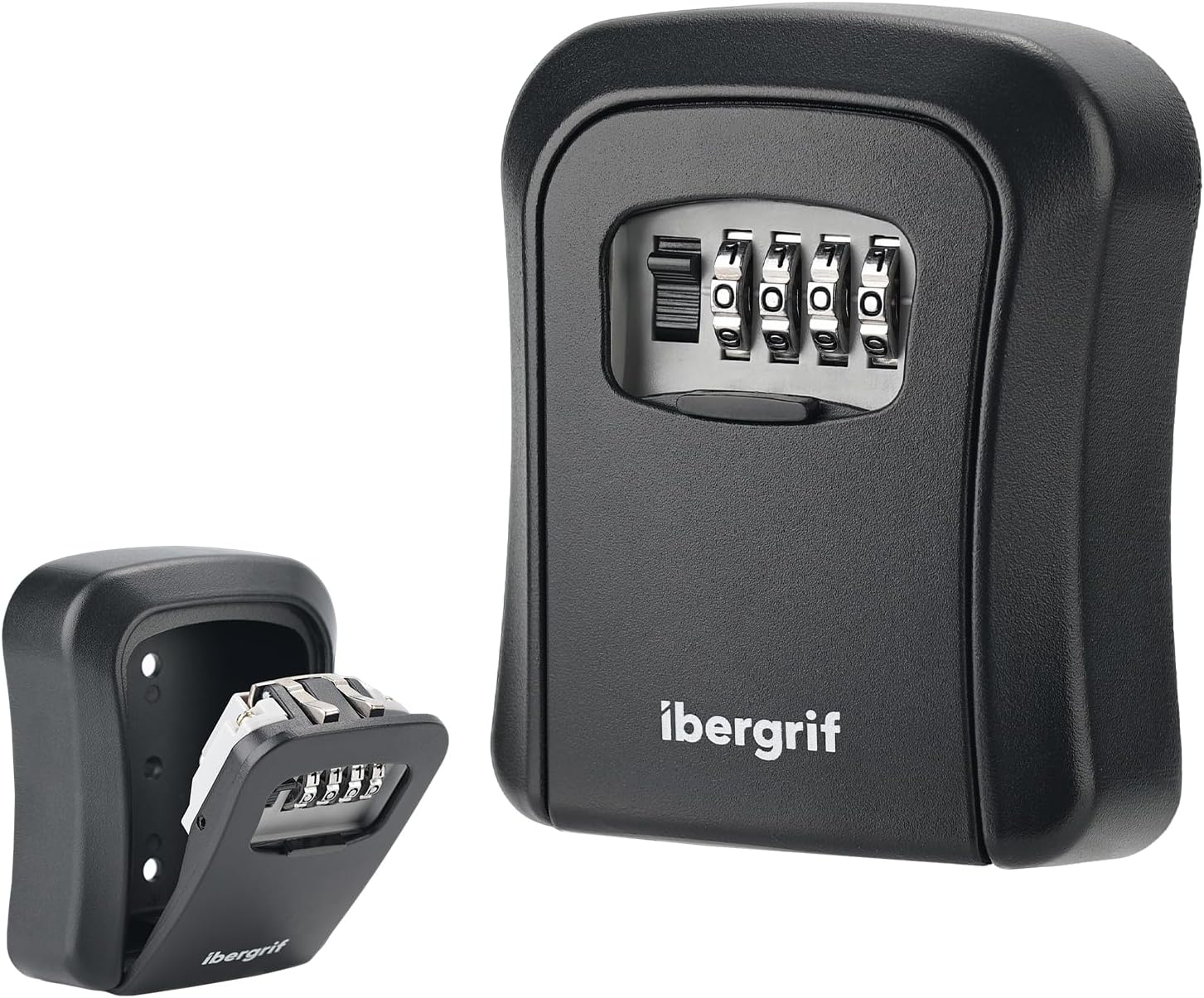 Ibergrif MA201 key box, showing both closed and open states with the combination dials visible.