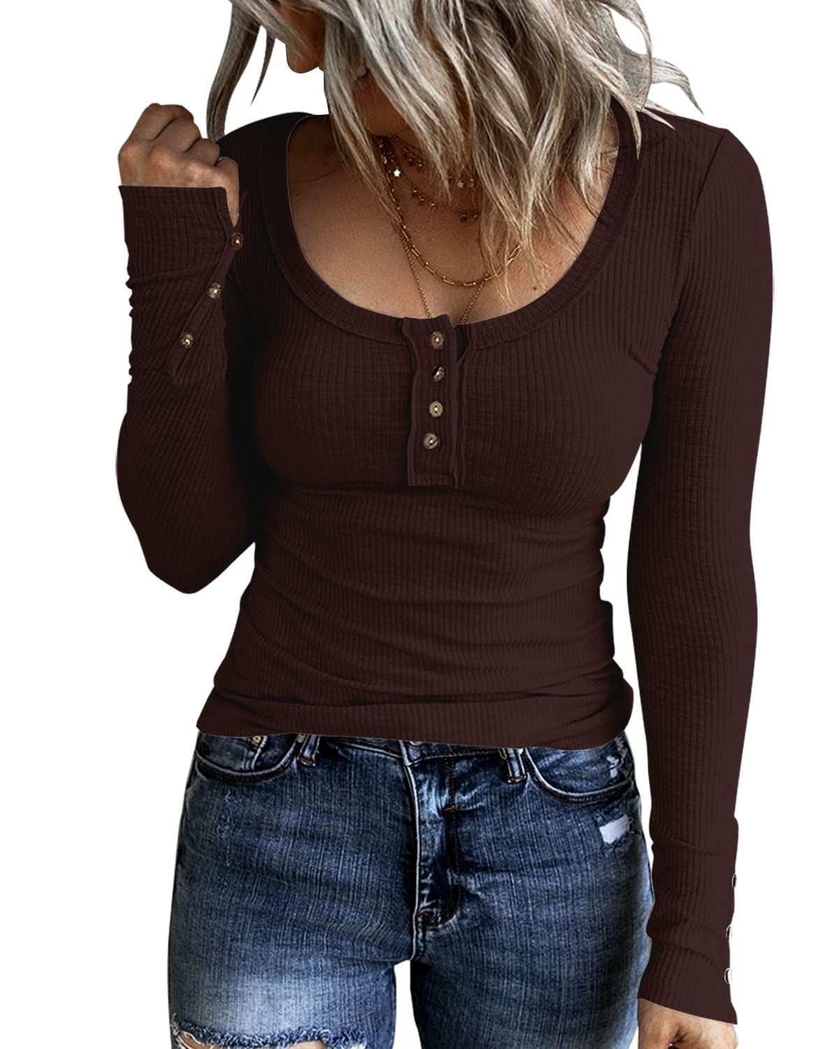KINLONSAIR Women Long Sleeve Henley Shirts Scoop Neck T-shirt Basic Tops