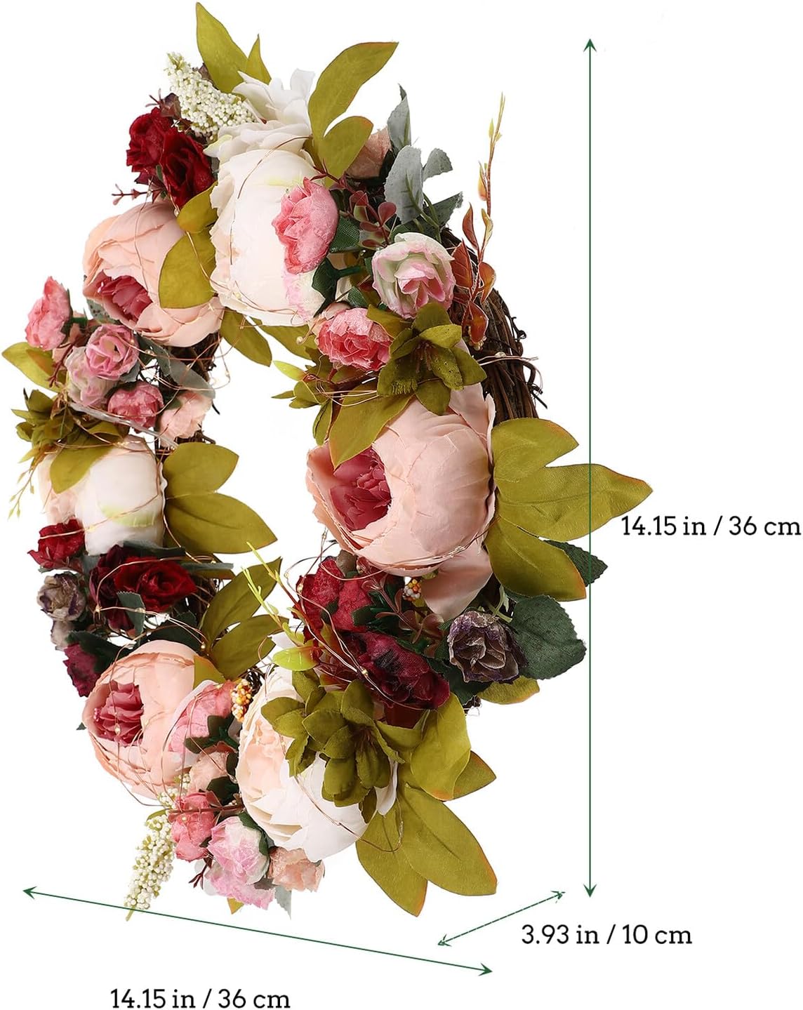 LED Light Pink Rose Wreath with 100 Simulation Roses and Green Leaves, 40cm Battery-Operated Glowing Garland for Wedding, Party, and Home Decoration