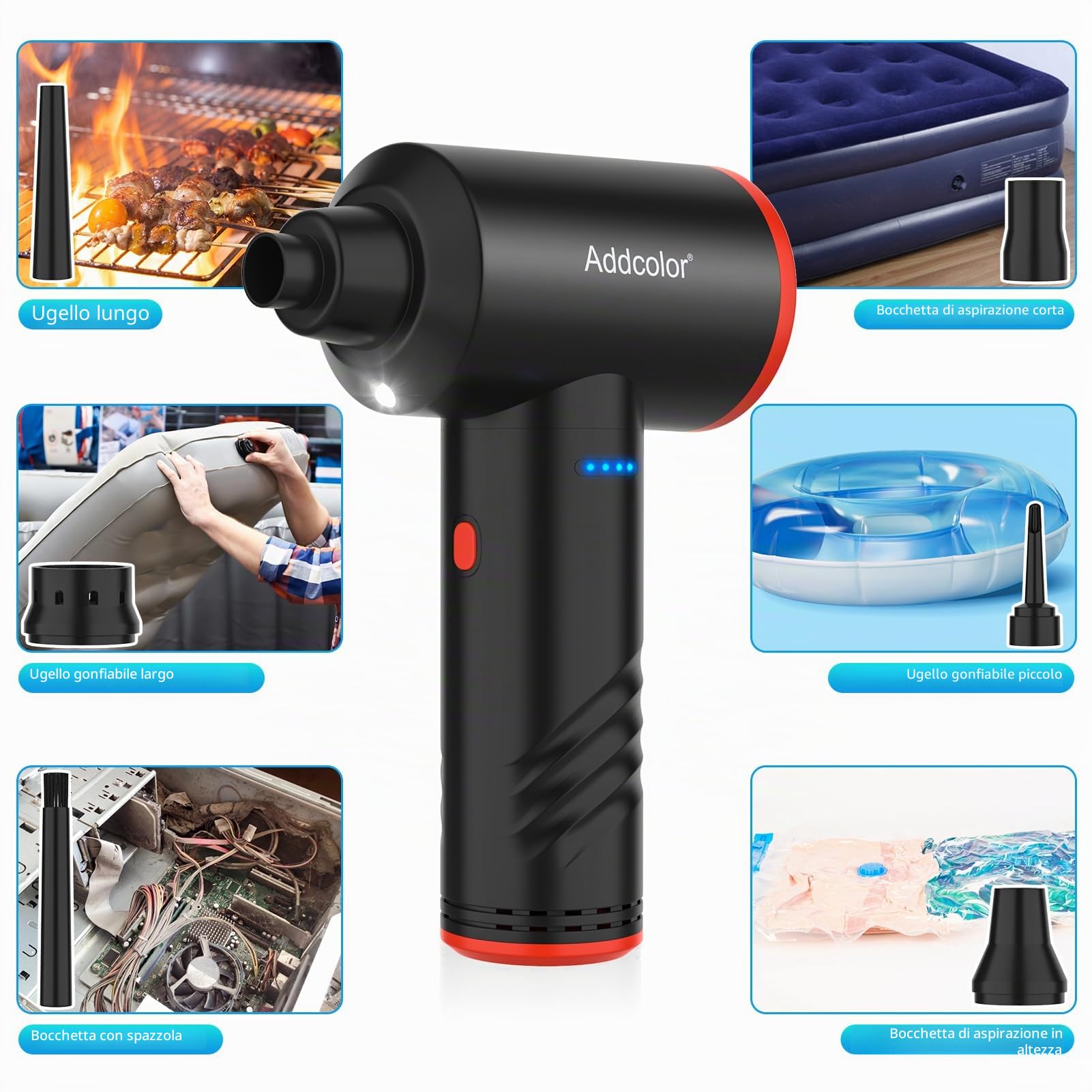 Elettrico Rimuovi Polvere Aria Compressa 6000mAh, AD-38 Air Duster per Ufficio Tastiera, 3 Velocità Vento Regolabili con Luce LED, Spolverino Ad Aria Compressa Senza Fili e Riutilizzabile
