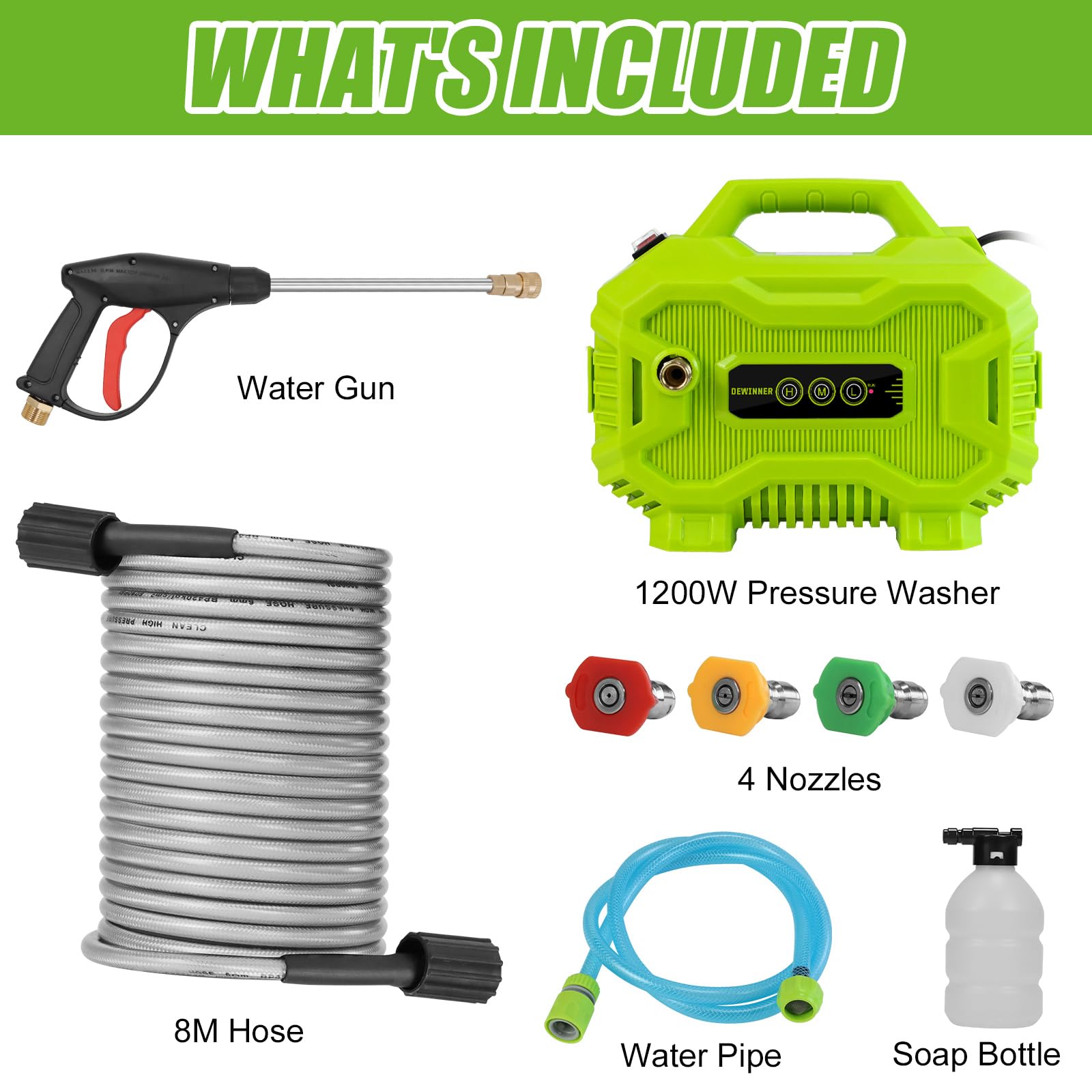 DEWINNER 130Bar Hidrolimpiadora Portatil, 1200W Mini Portátil Hidrolimpiadora, Ajuste de 3 velocidades con 4 boquillas, Manguera de 8 Metros y pulverizador de Espuma para la Limpieza de Balcones | Mini, ajuste de 3 velocidades, 4 boquillas, manguera de 8