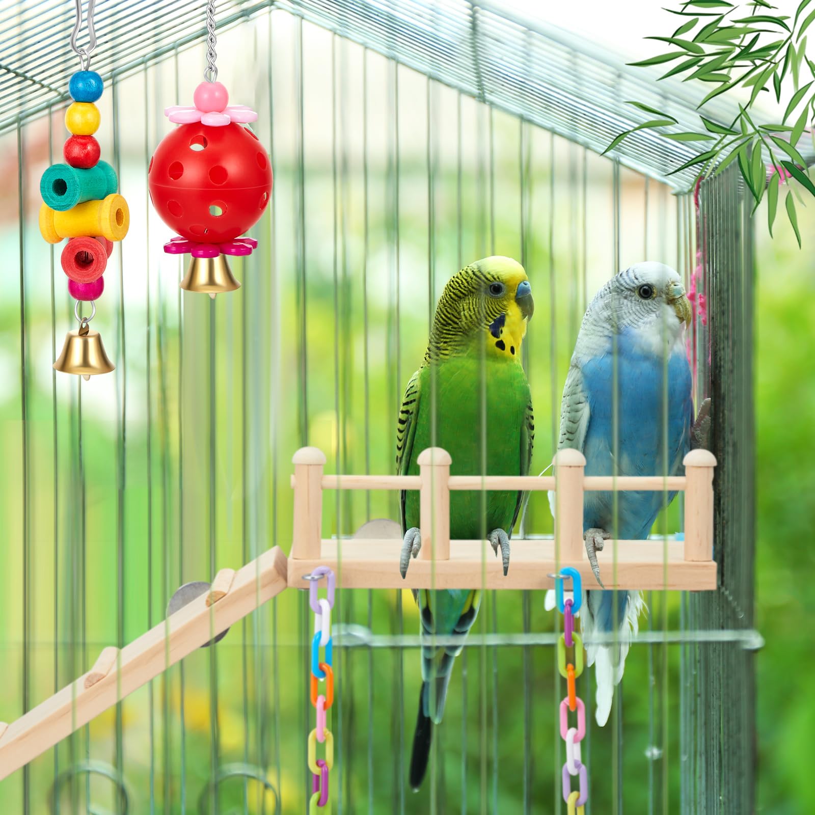 12 piezas de juguetes de columpio para loros y plataforma de madera para pájaros con escalera de escalada, colorido masticable, juguete colgante para periquitos, accesorios para periquitos,