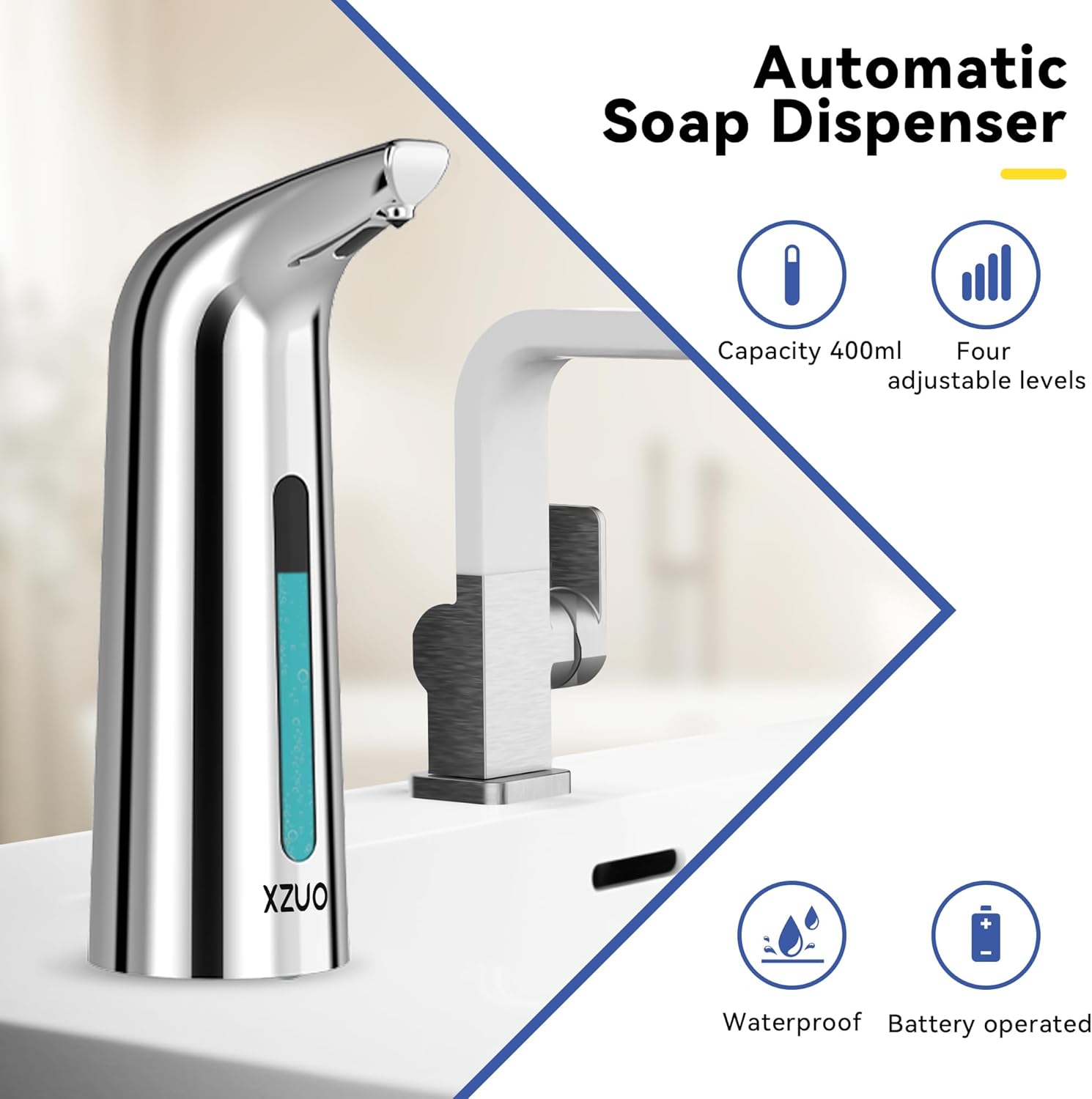 Automatic Soap Dispenser with Infrared Sensor - Adjustable 4-Level Touchless Hand Soap for Kitchen, Bathroom - Battery Operated Electric Dispenser, Durable Plastic, Smart Soap Holder (400ML Silver) - Image 2