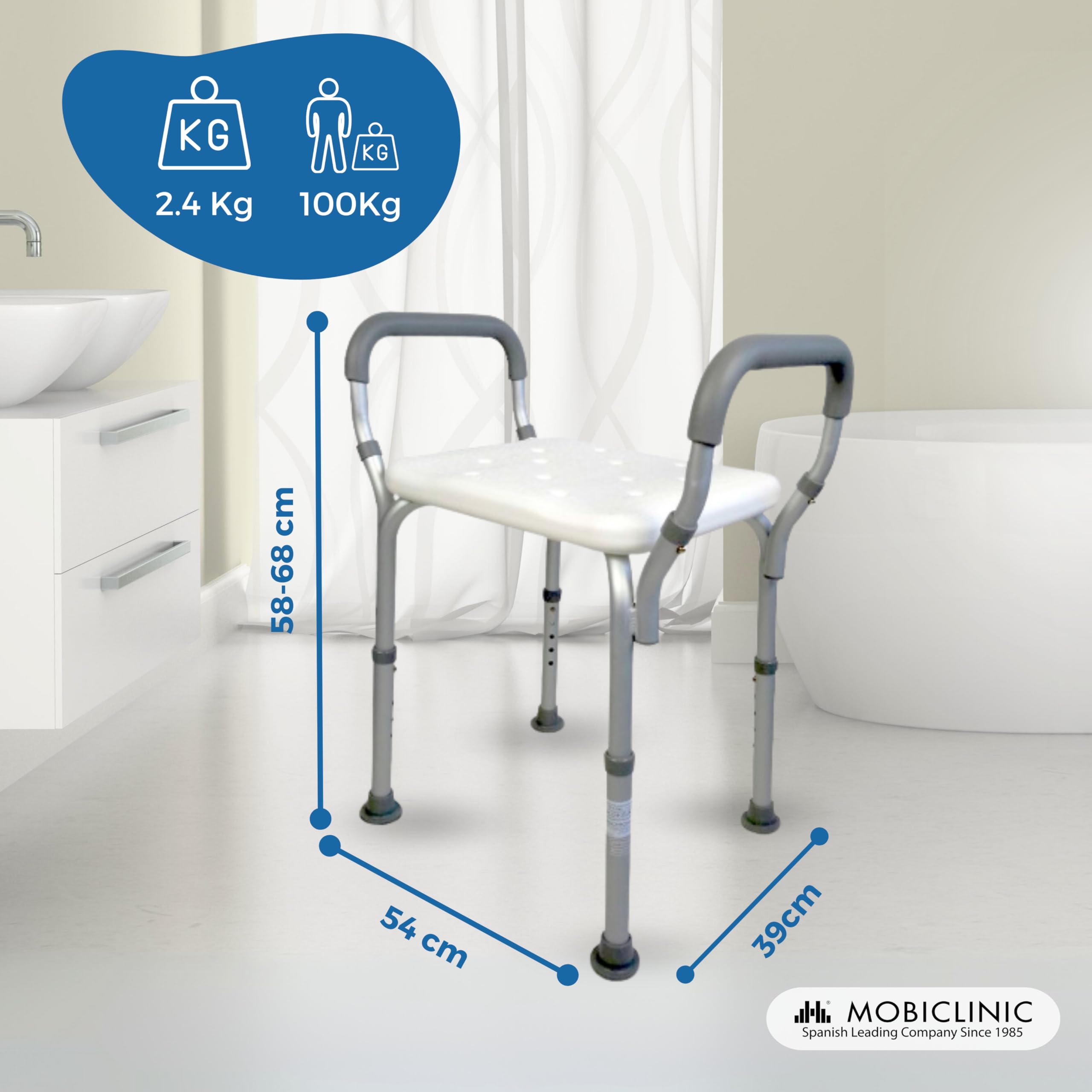 Mobiclinic stołek kąpielowy z regulacją wysokości, Wygodne wyściełane podłokietniki, Antypoślizgowe okucia, Model: acueducto