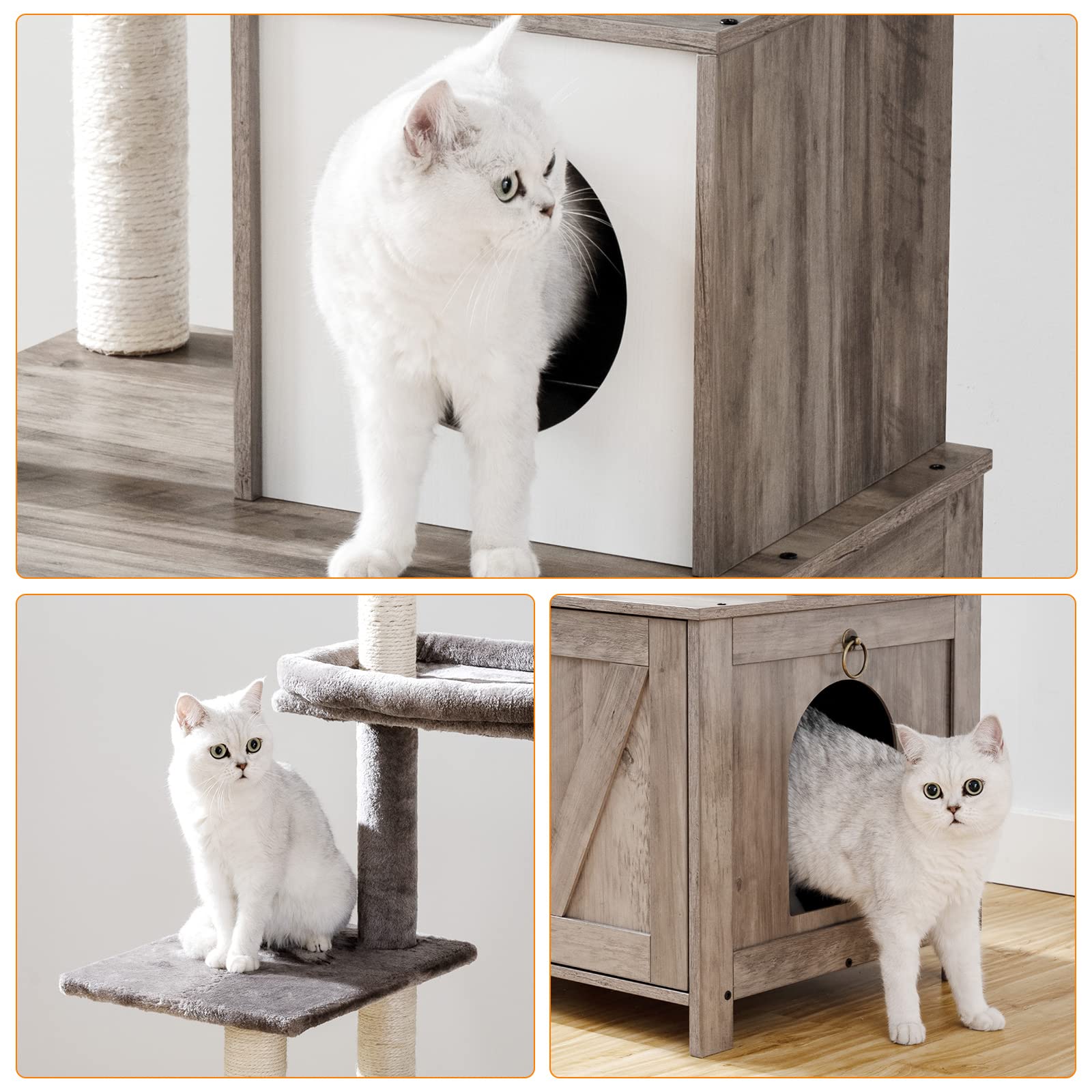 HOOBRO Kratzbaum mit Katzenklo-Schrank, 2-in-1 Katzenbaum, 150 cm, versteckte Katzentoilettenmöbel, Schrank für Katzentoilette, mit Sisalstämmen, abnehmbare Plüschball-Stange, Greige EBG15MZ03