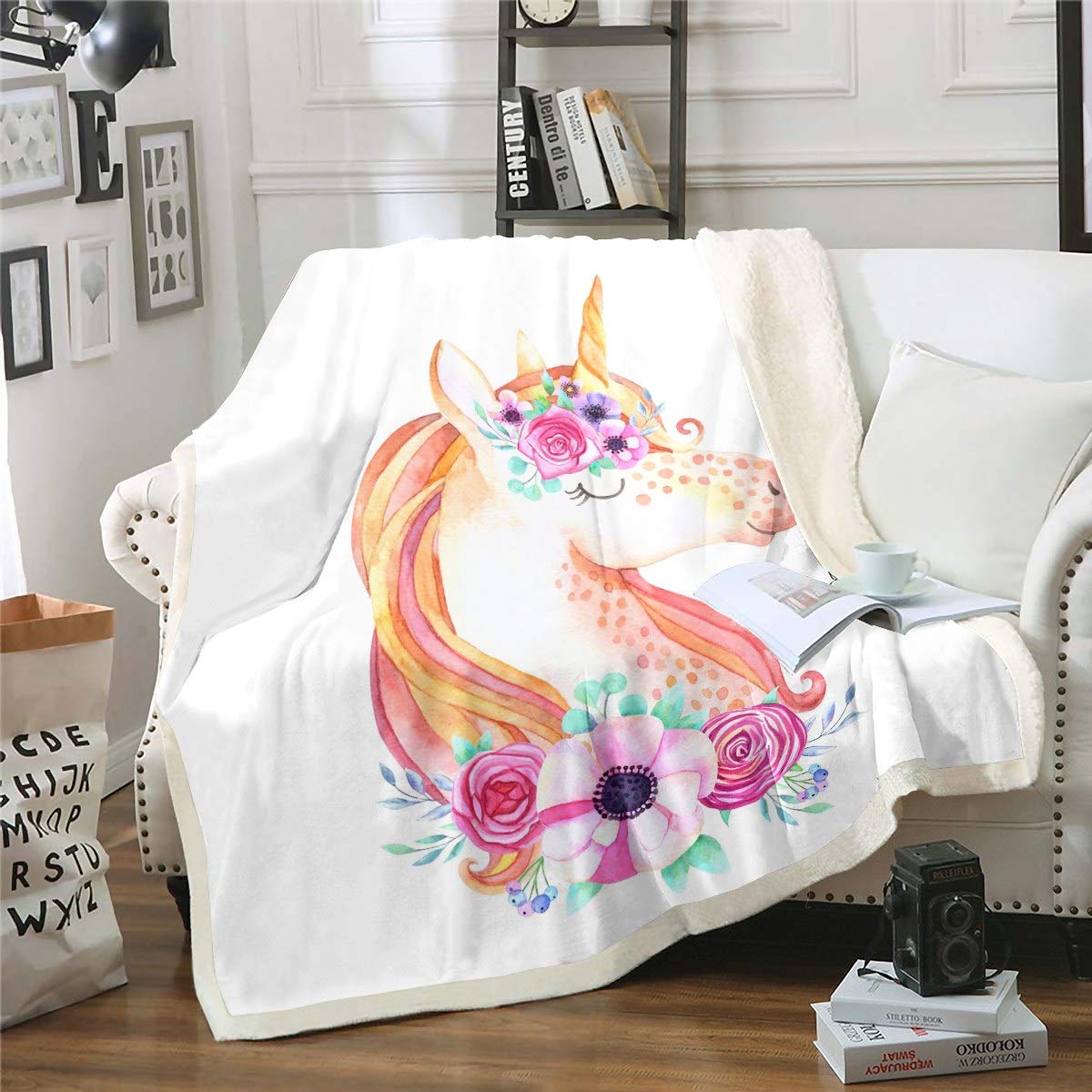 Loussiesd Cute Unicorn Sherpa Blanket Magical Animal Decor Fleece Throw Blanket Flowers Fantasy Unicorn Plush Blanket for Sofa Bed Bedroom Decor Fairy Cartoon Fuzzy Blanket Baby 30x40 Inch