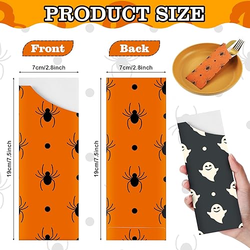 Miniatura 2 de Roowest 100 piezas de cubiertos de Halloween para fiestas, bolsas de cubiertos de fantasma, soporte para utensilios con temática de Halloween, bolsa