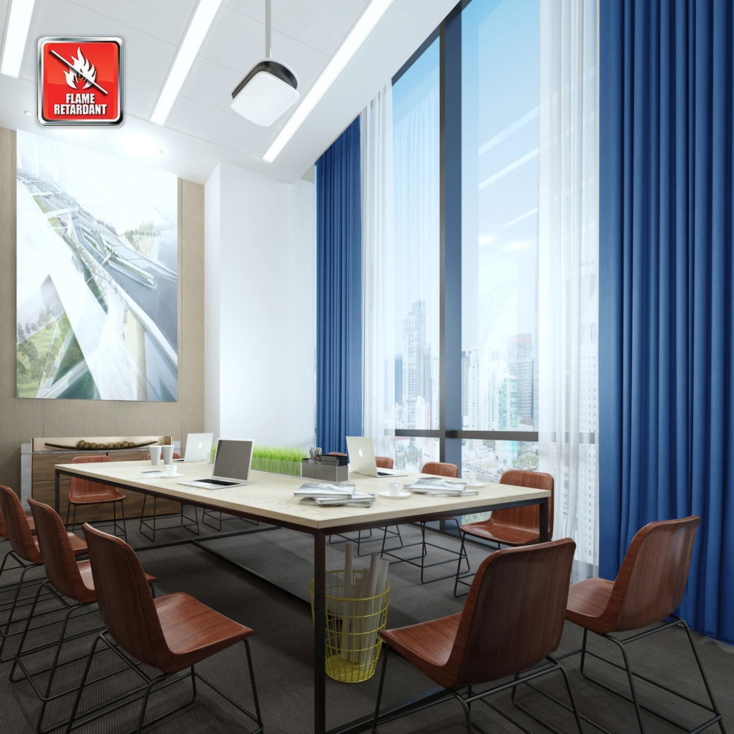 Macochico Fireproof Flame Retardant Insulated Fire Resistant Curtains Blackout Soundproof Window Drapes Bronze Grommet Curtain for Office, Hotel, Home, Hospital Blue 1 Panel 52" Wide by 63" Length