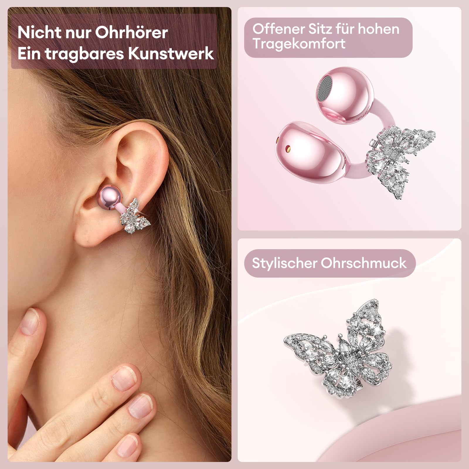 Clip On Schmuck Kopfhörer Open Ear Kopfhörer Kabellos Bluetooth 5.4 mit Intelligentem Touchscreen 4.1g Leichtgewicht Kopfhörer Sport, 60 Std Wireless Earbuds, M100 Schmetterling-Ohrring Rosa