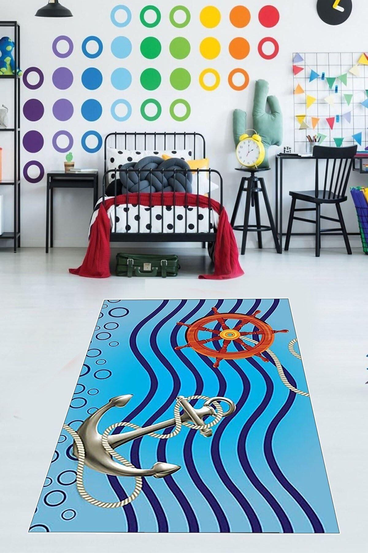 Pelangi Gemici Desenli Dümen Çapa Dijital Baskı Yıkanabilir Kaymaz Taban Çocuk Ve Genç Odası Halısı, Mavi 60 x 120