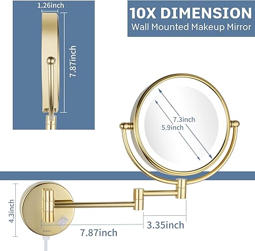 Miniatura 6 de DOWRY Espejo de maquillaje montado en la pared de 8 pulgadas con luz LED, espejo giratorio de doble cara de 360 grados de aumento 10X para