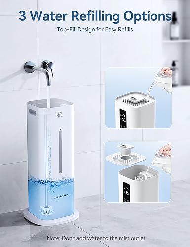 Miniatura 5 de VAGKRI Humidificador de habitación grande de 12 litros, niebla fría de larga duración de 120 horas, 3 niveles de niebla, ajuste automático de