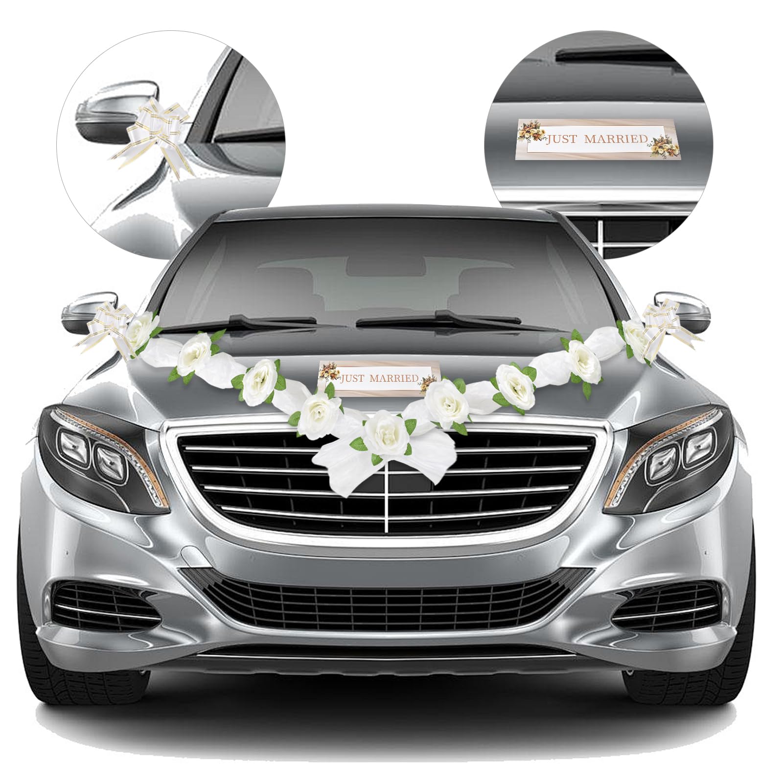 Decoracion Coches Boda, Flores Artificiales Coche Novios, Adornos para Coche de Bodas, Flores para Coche de Boda, 11 Rosas, 2 pcs Cinta de Gasa, 4 pcs Lazos para Puerta (Blanco)