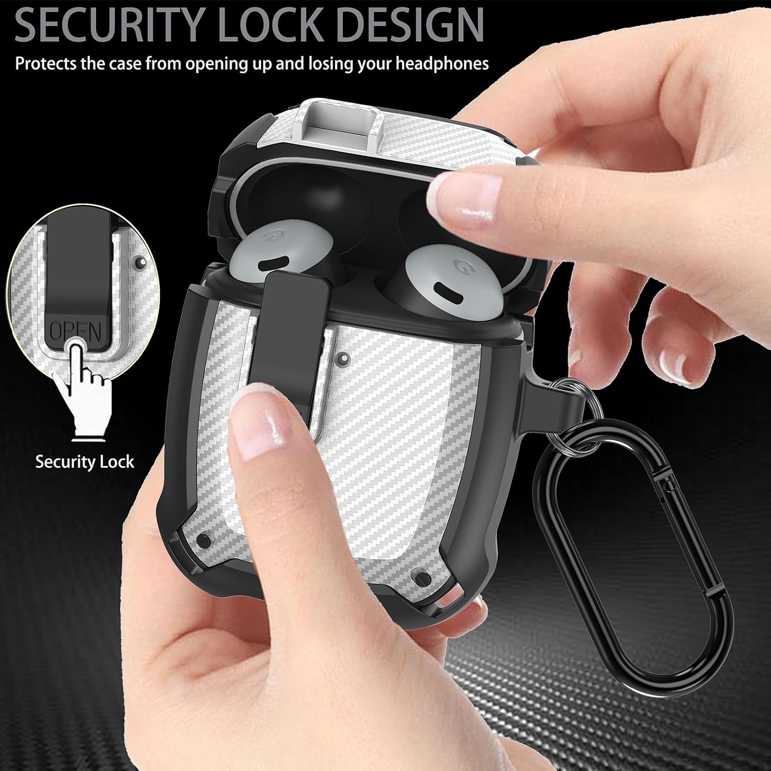 Compatible Google Pixel Bud Pro & Bud Pro 2 Case Lock Clip with Cleaner Kit, Military Shell Protective Armor Cover with Lock & Carabiner for Google Pixel Buds Pro 2022/2024, Black/White - Image 2