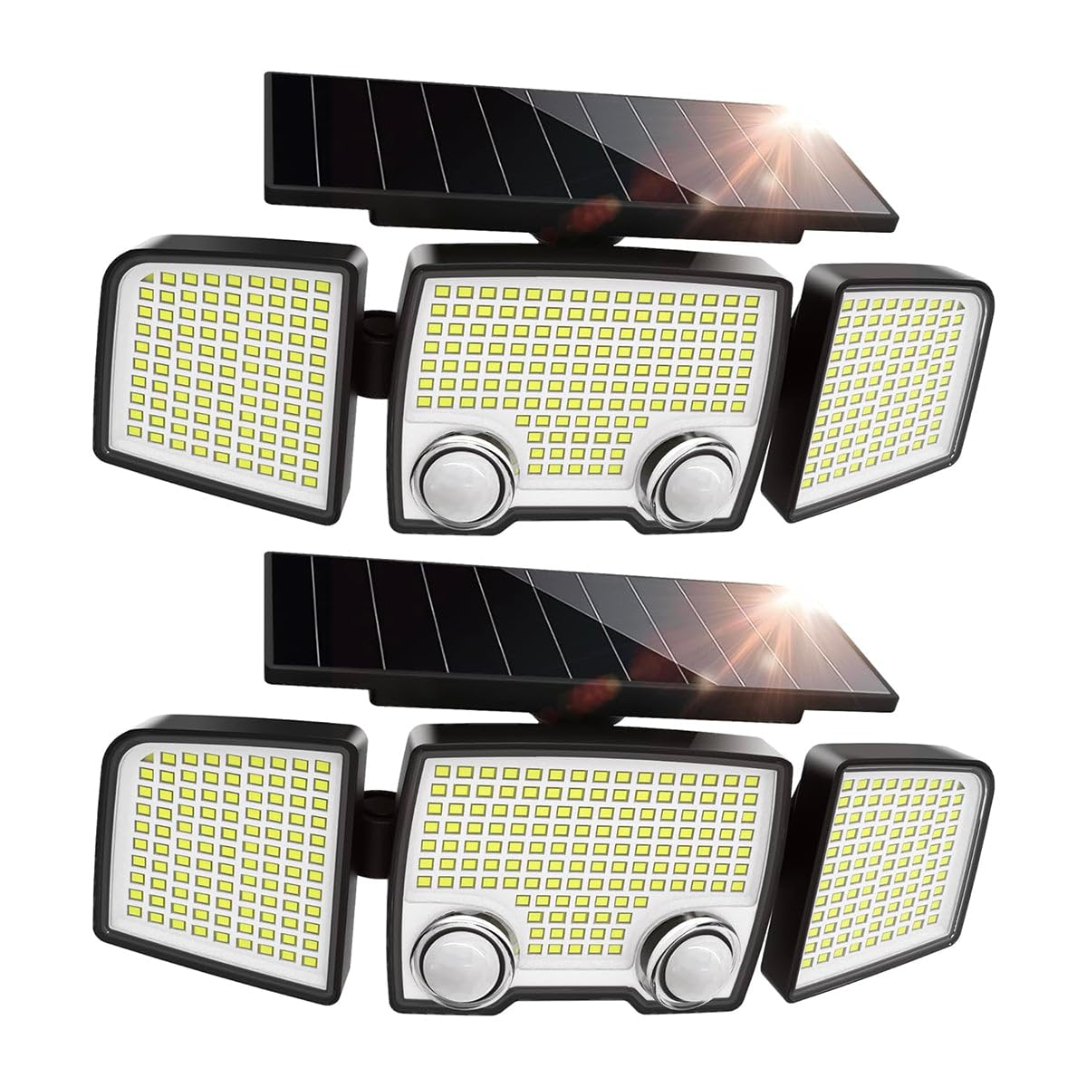 Lumisky Set di 2 faretti solari a 3 teste nere RAYLITE – Luce LED potente, bianco, orientabili con rilevatore di movimento, ideali per fissare giardino, terrazza ed esterno