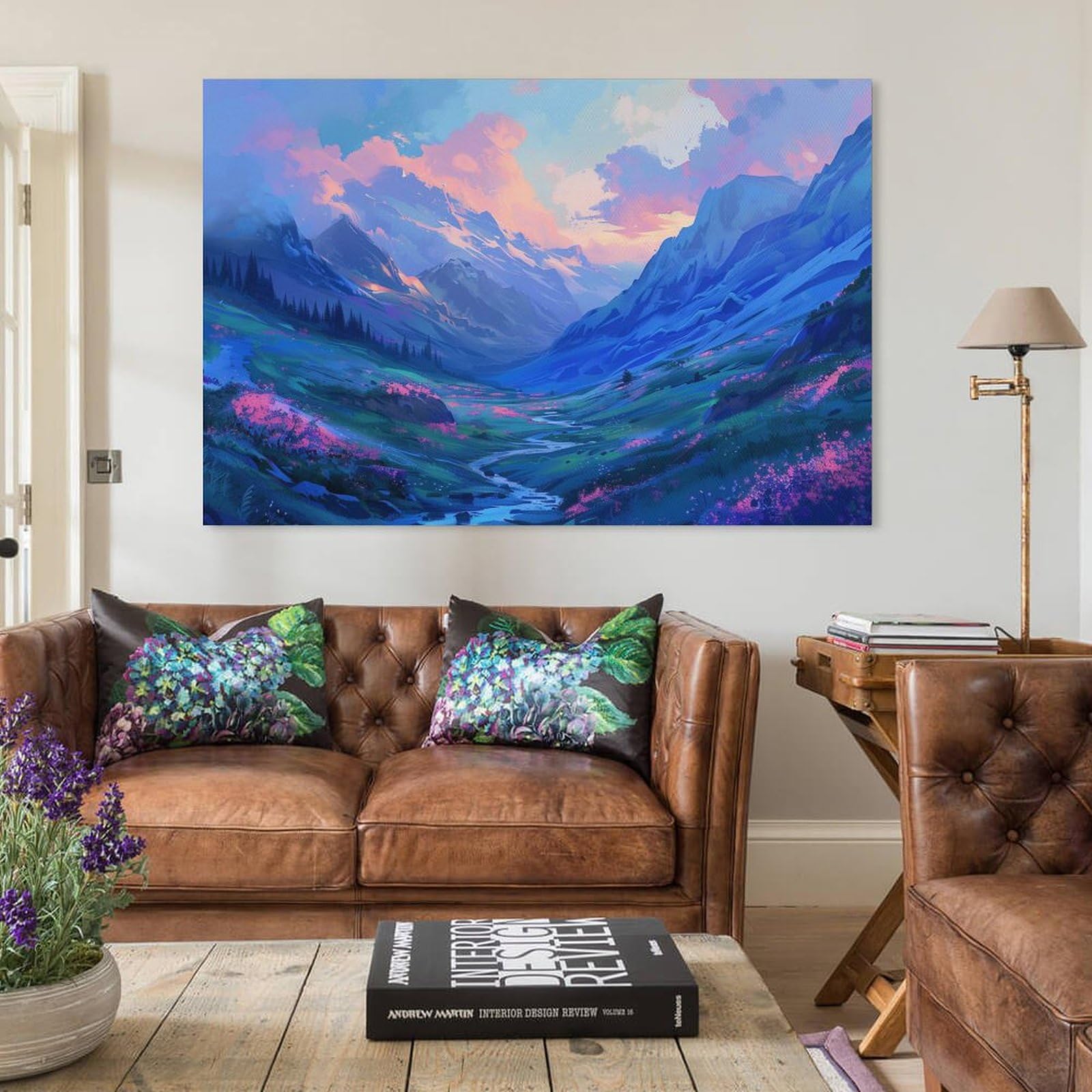 Amazon.co.jp: 絵画 青とピンクのグラデーションの山の風景インテリア