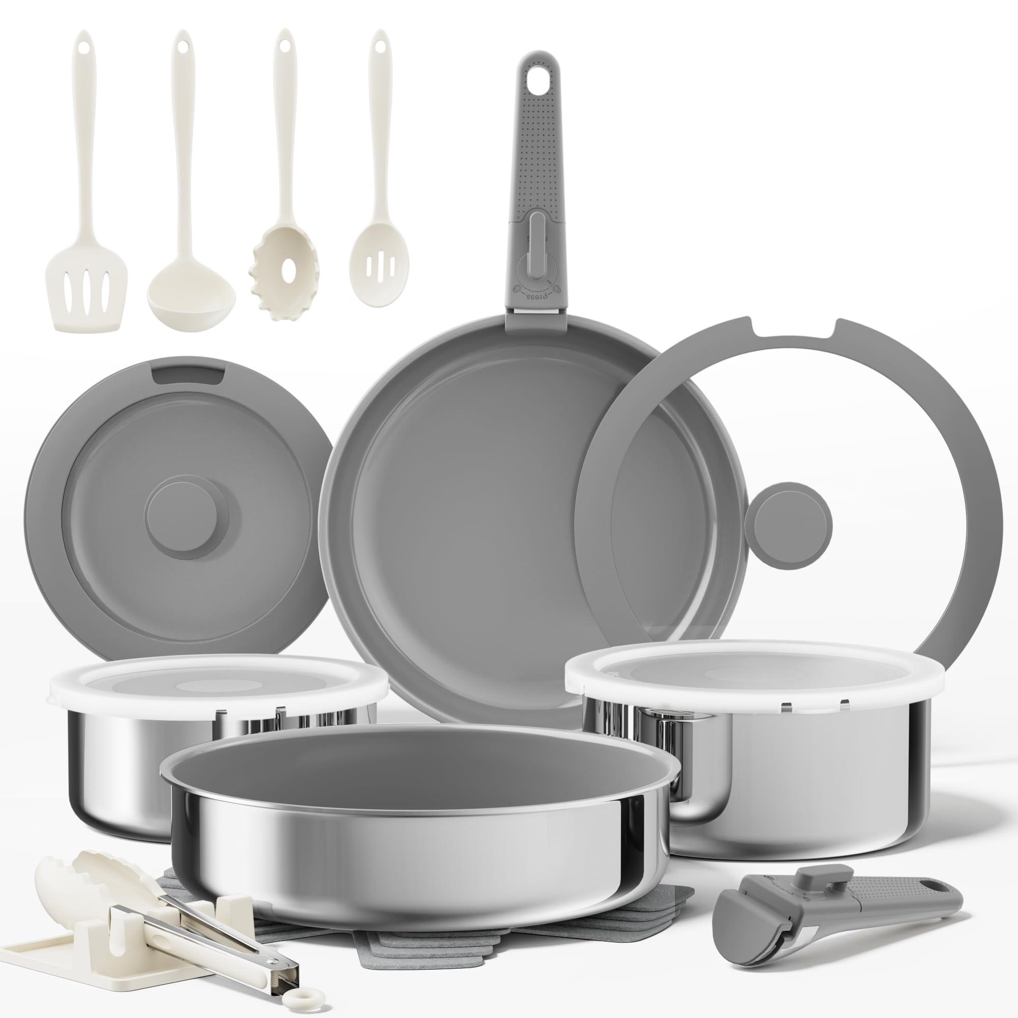 Sanho 21-Piece Pots and Pans Set, Ceramic Nonstick Cookware with Detachable Handles, 4-Layer Stainless Steel & Aluminum Core, Induction Hob Pan Set, Oven Safe, PFAS PFOA Free (Grey)