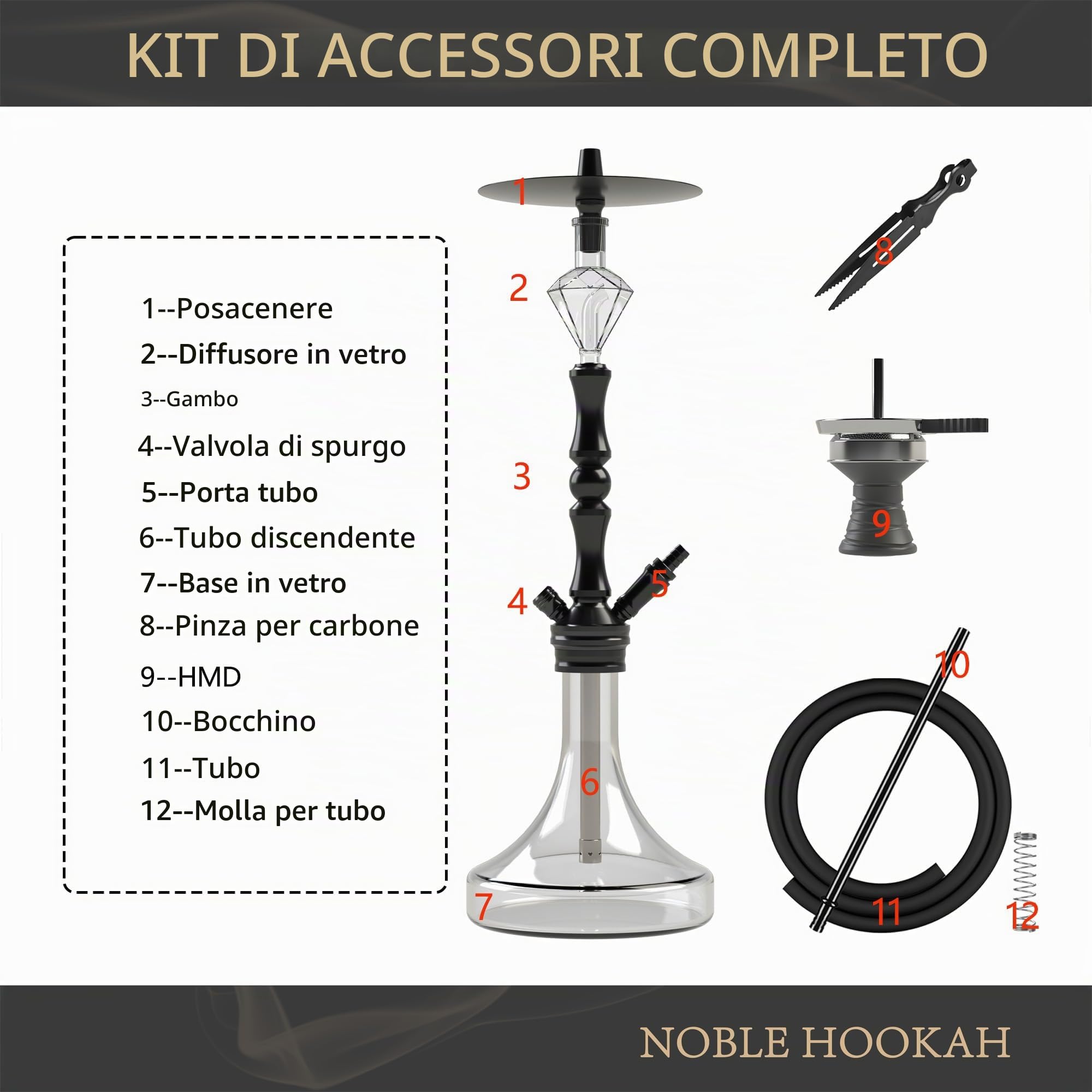 NOBLE HOOKAH XL Set Narghilè Con 1 Raccordo E Accessori Completi Per Narghilè - Testa Per Narghilè, Elegante Vaso In Vetro, Contenitore Per Melassa, 1 Tubo E Manico (Nero)