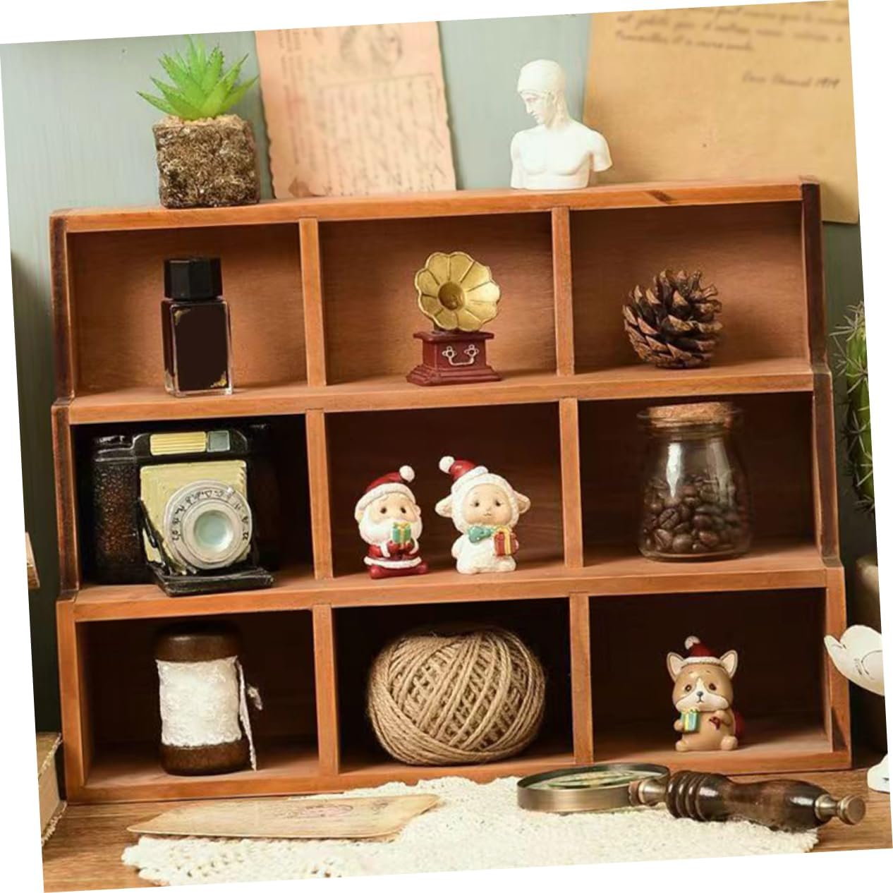 Cabilock 9grid Solid Wood Retro Storage Cabinet Sections Wall Display Shelf for Toys Collections Display Stand