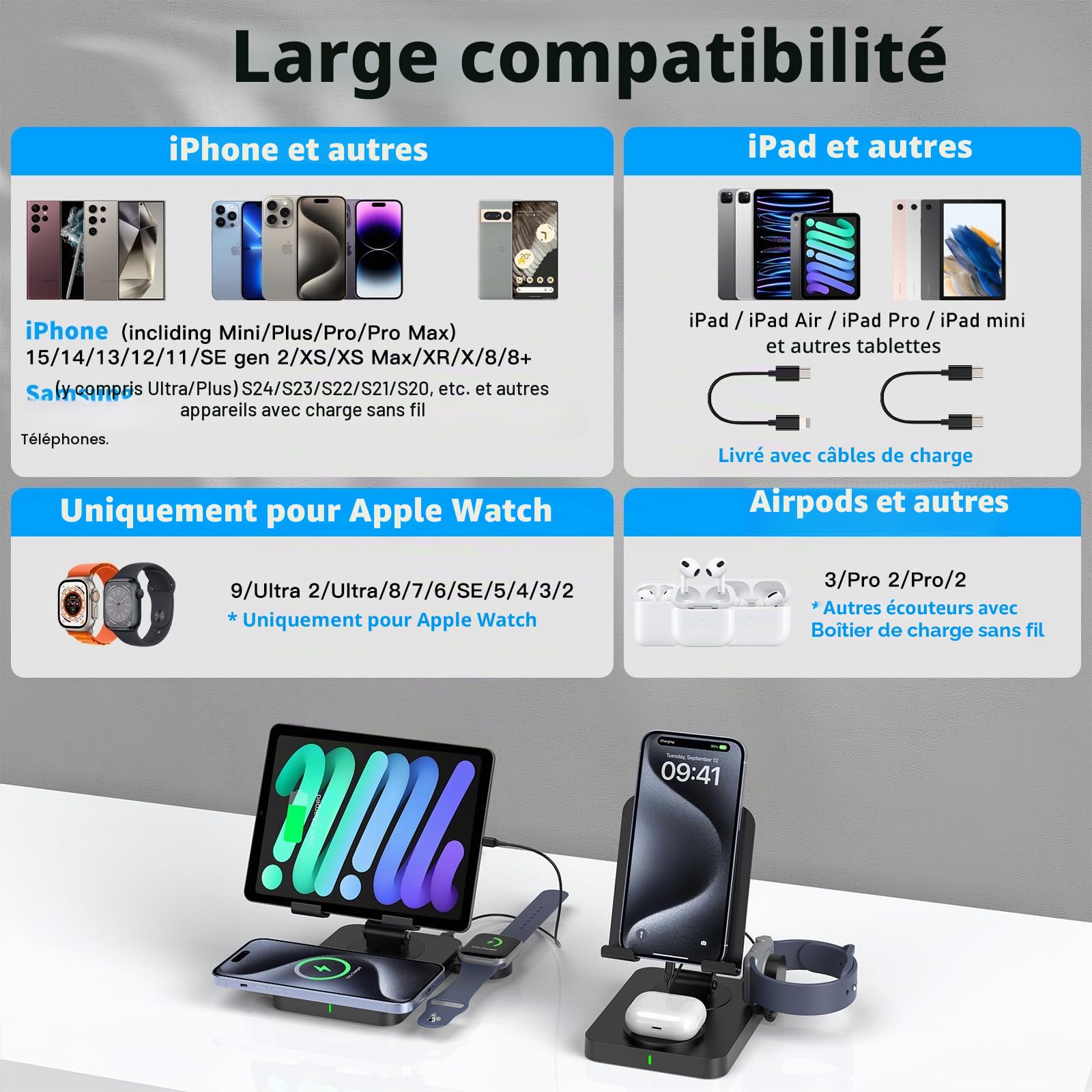 Chargeur sans Fil pour Apple, Station de Charge Multiple 3 en 1 pour iPhone 16/15/14/13/12, Chargeur pour Apple Watch 10/9/8/7/6/SE/5, Chargeur pour AirPods 4, Support de Station de Charge pour iPad